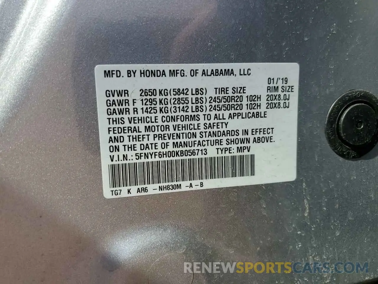 13 Photograph of a damaged car 5FNYF6H00KB056713 HONDA PILOT 2019