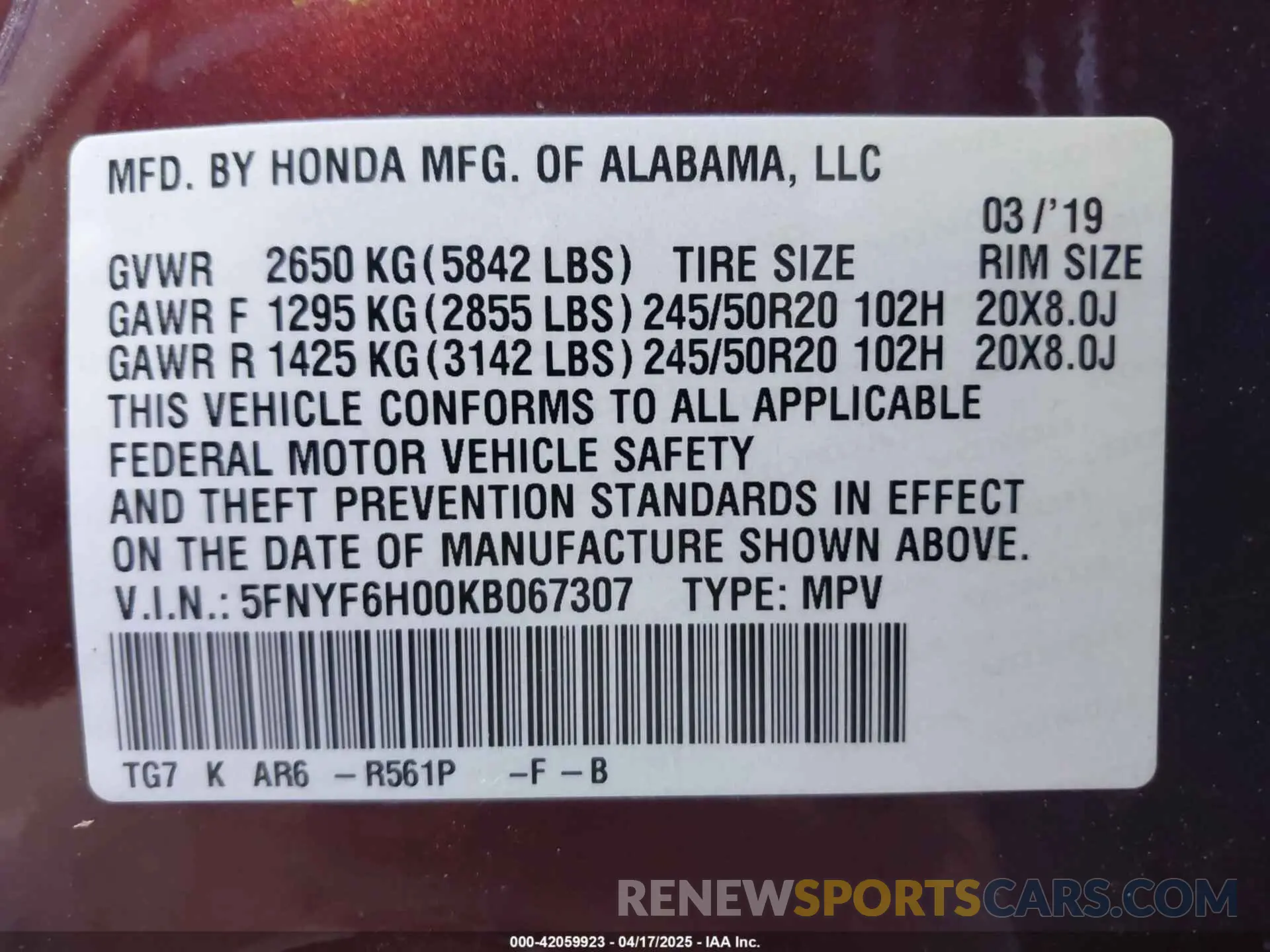 9 Photograph of a damaged car 5FNYF6H00KB067307 HONDA PILOT 2019