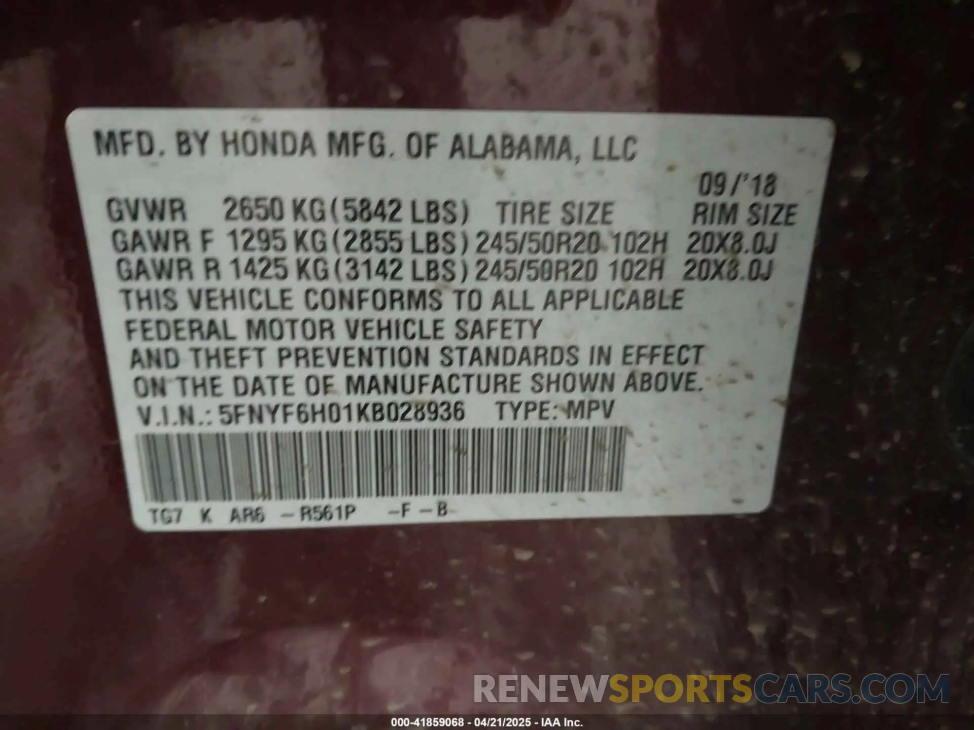 9 Photograph of a damaged car 5FNYF6H01KB028936 HONDA PILOT 2019