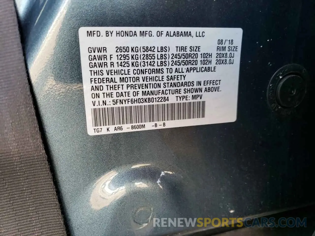 14 Photograph of a damaged car 5FNYF6H03KB012284 HONDA PILOT 2019