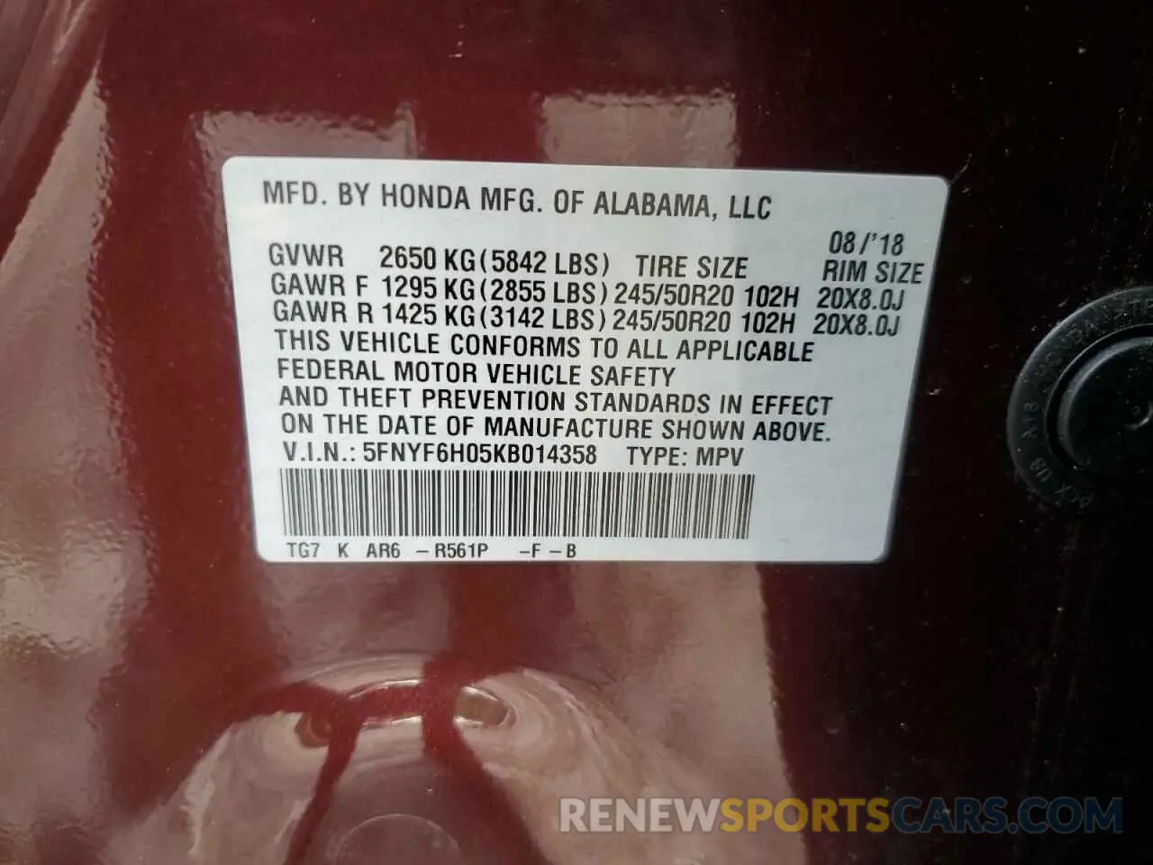 13 Photograph of a damaged car 5FNYF6H05KB014358 HONDA PILOT 2019
