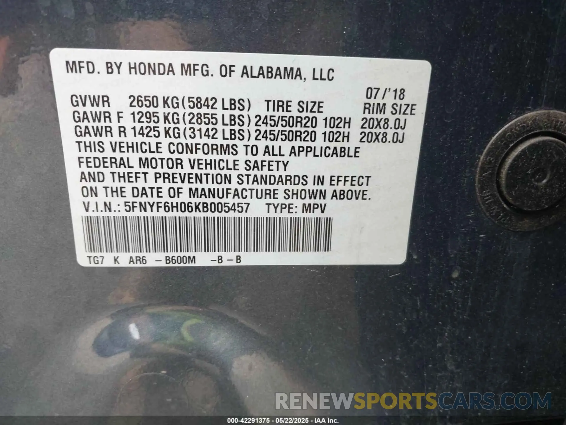 9 Photograph of a damaged car 5FNYF6H06KB005457 HONDA PILOT 2019