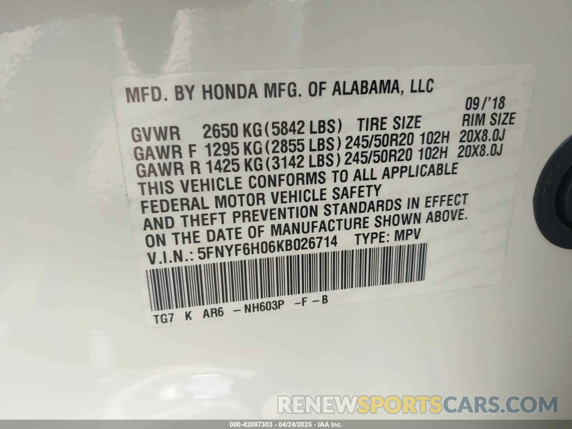 9 Photograph of a damaged car 5FNYF6H06KB026714 HONDA PILOT 2019