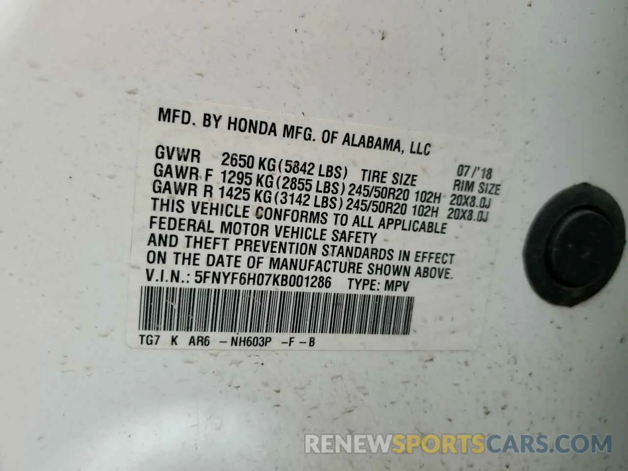 13 Photograph of a damaged car 5FNYF6H07KB001286 HONDA PILOT 2019