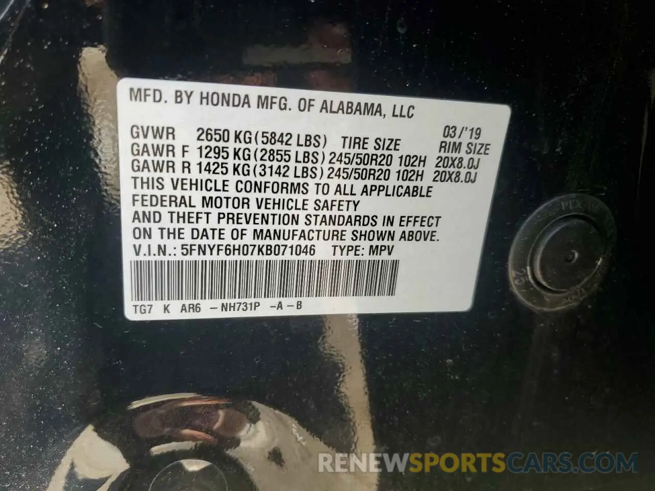 13 Photograph of a damaged car 5FNYF6H07KB071046 HONDA PILOT 2019