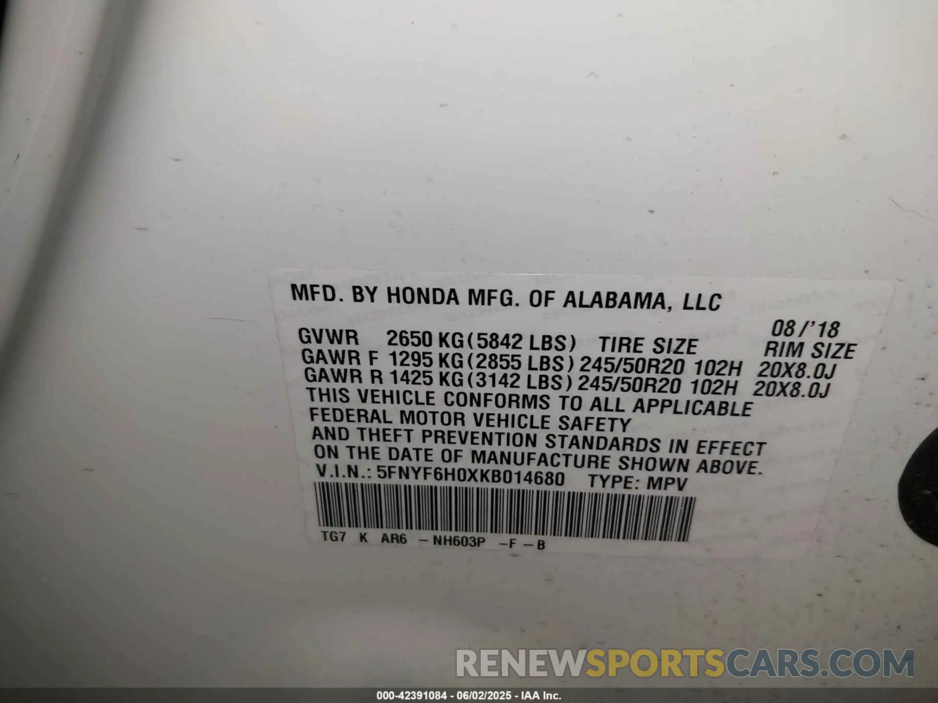 9 Photograph of a damaged car 5FNYF6H0XKB014680 HONDA PILOT 2019