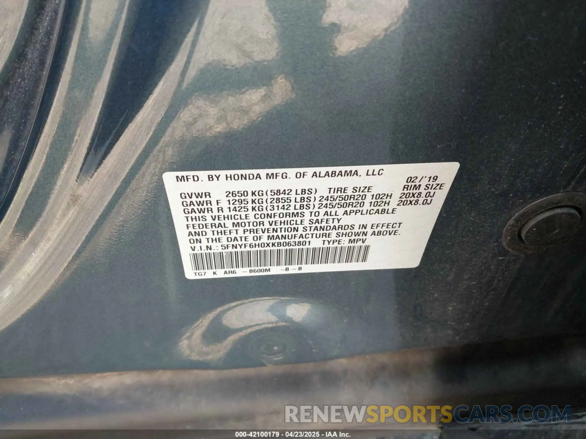 9 Photograph of a damaged car 5FNYF6H0XKB063801 HONDA PILOT 2019