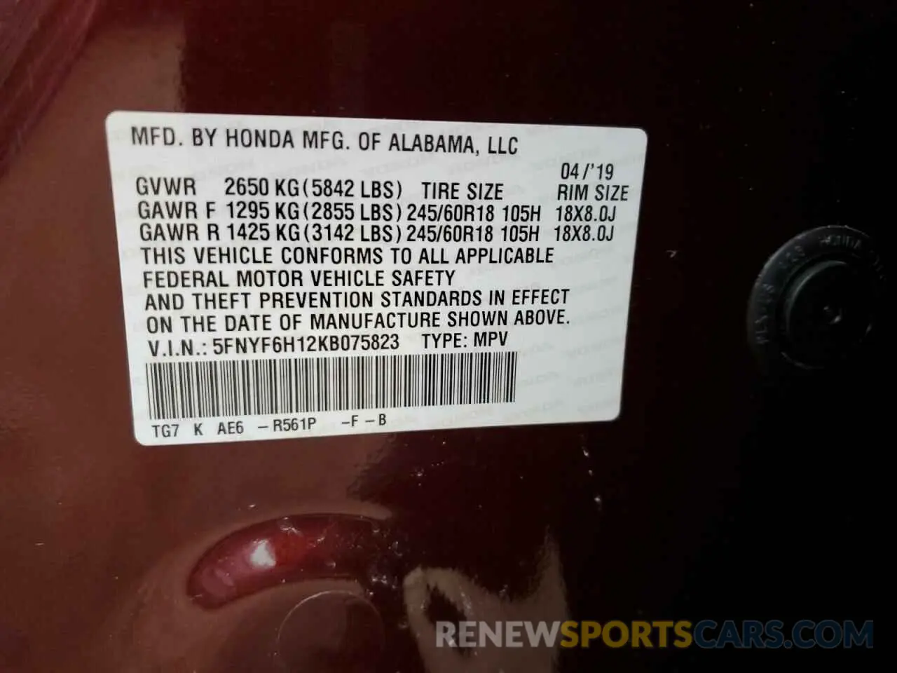 13 Photograph of a damaged car 5FNYF6H12KB075823 HONDA PILOT 2019