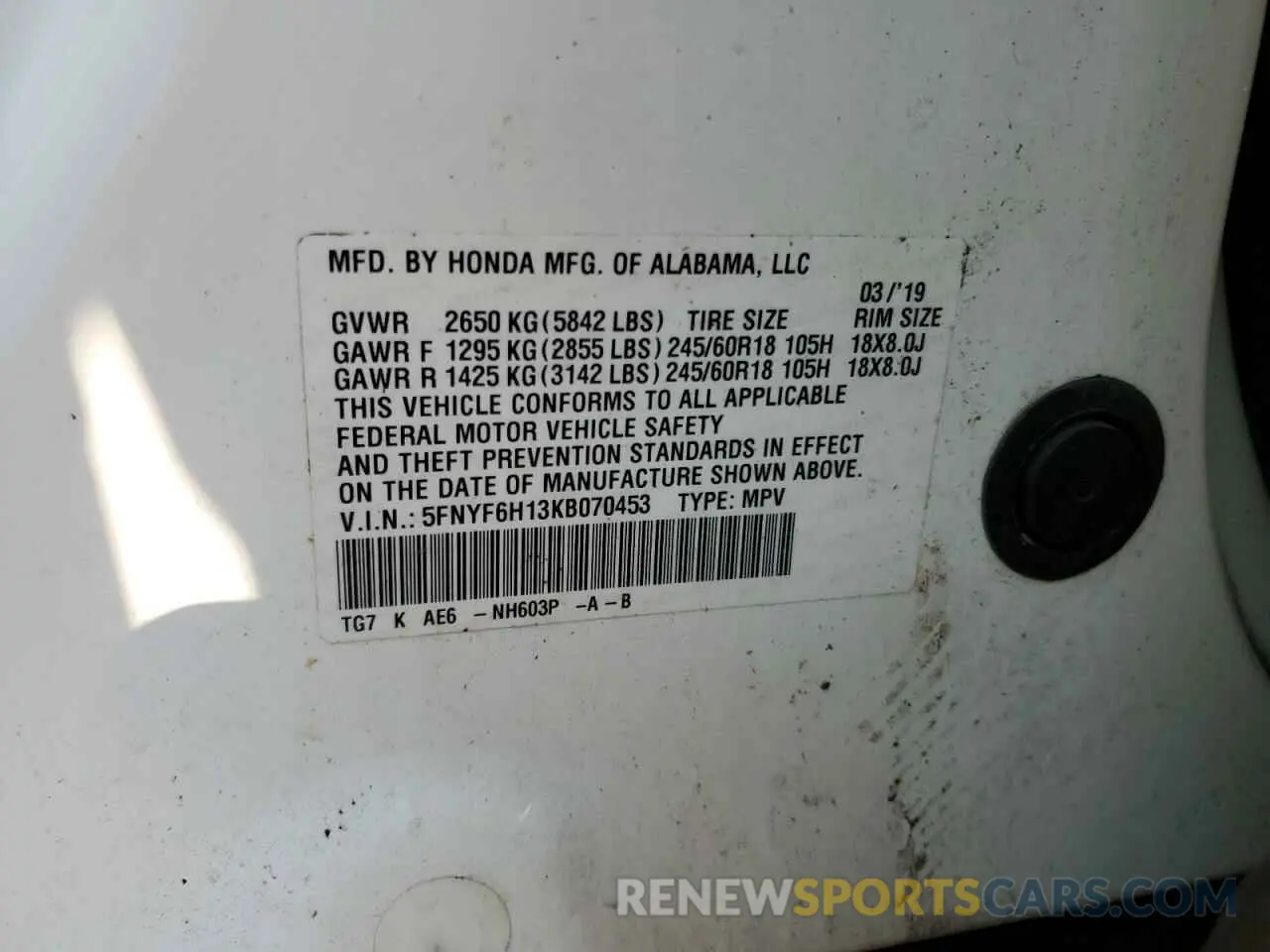 13 Photograph of a damaged car 5FNYF6H13KB070453 HONDA PILOT 2019