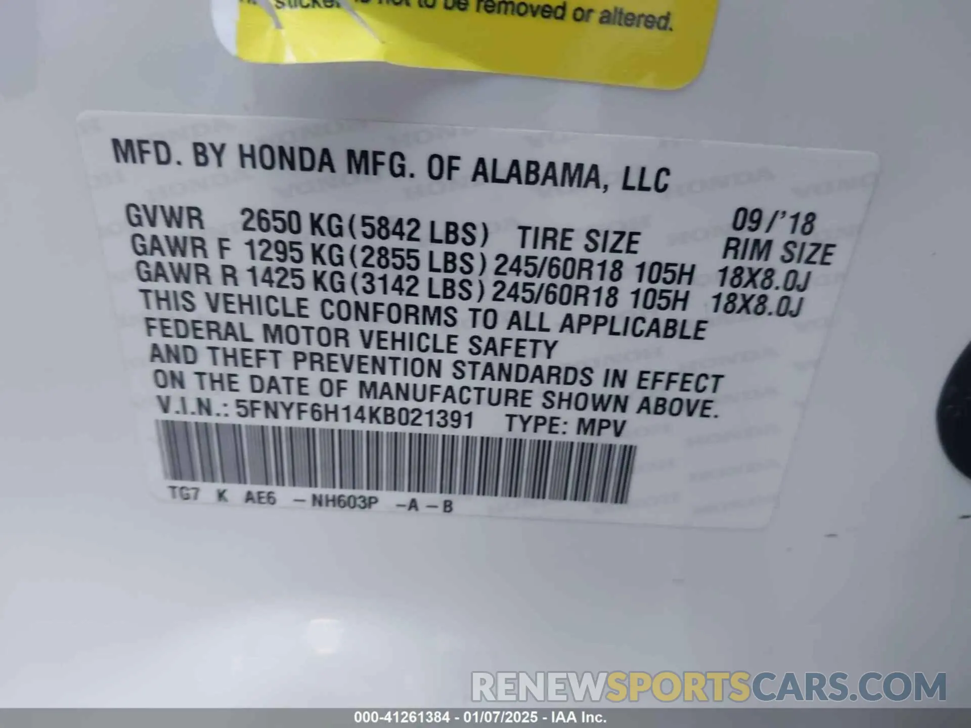 9 Photograph of a damaged car 5FNYF6H14KB021391 HONDA PILOT 2019
