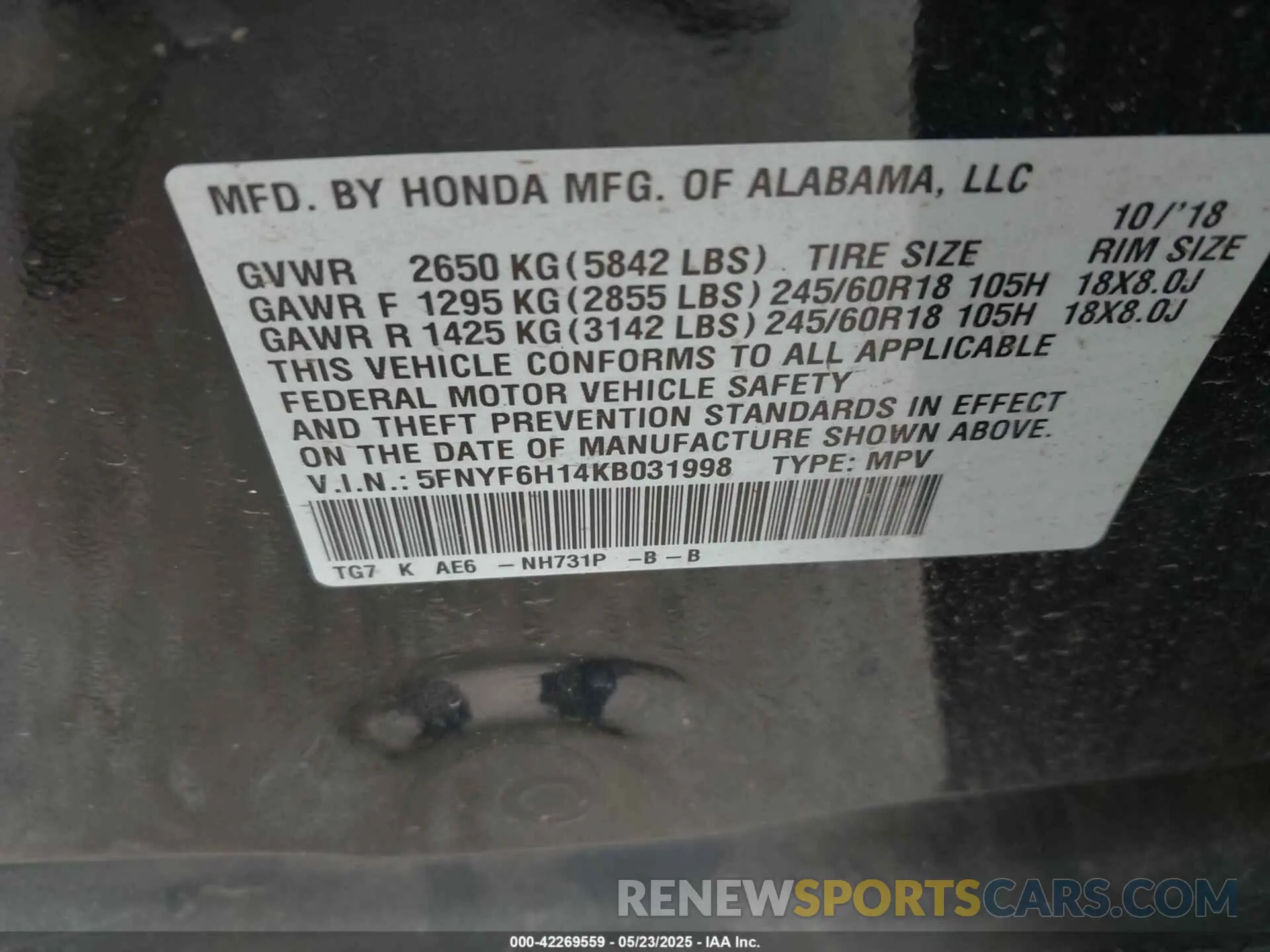 9 Photograph of a damaged car 5FNYF6H14KB031998 HONDA PILOT 2019