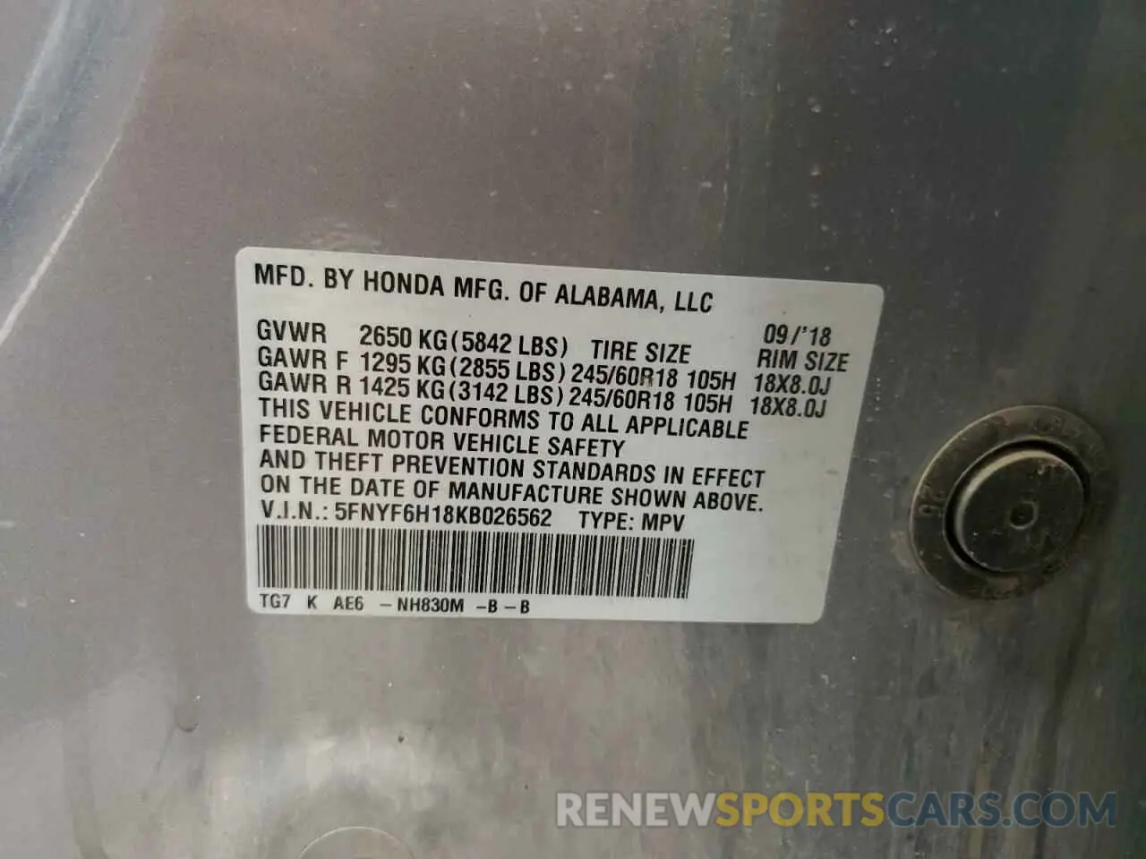13 Photograph of a damaged car 5FNYF6H18KB026562 HONDA PILOT 2019