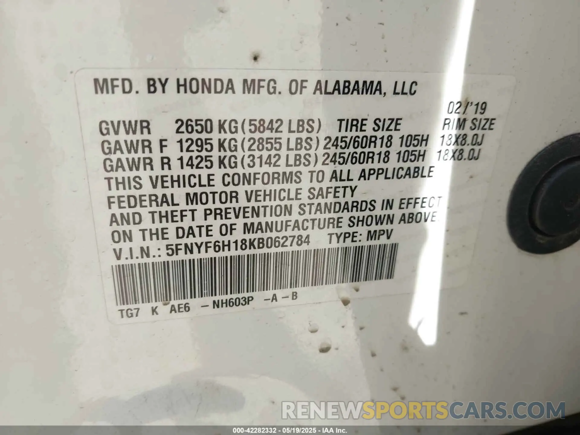 9 Photograph of a damaged car 5FNYF6H18KB062784 HONDA PILOT 2019