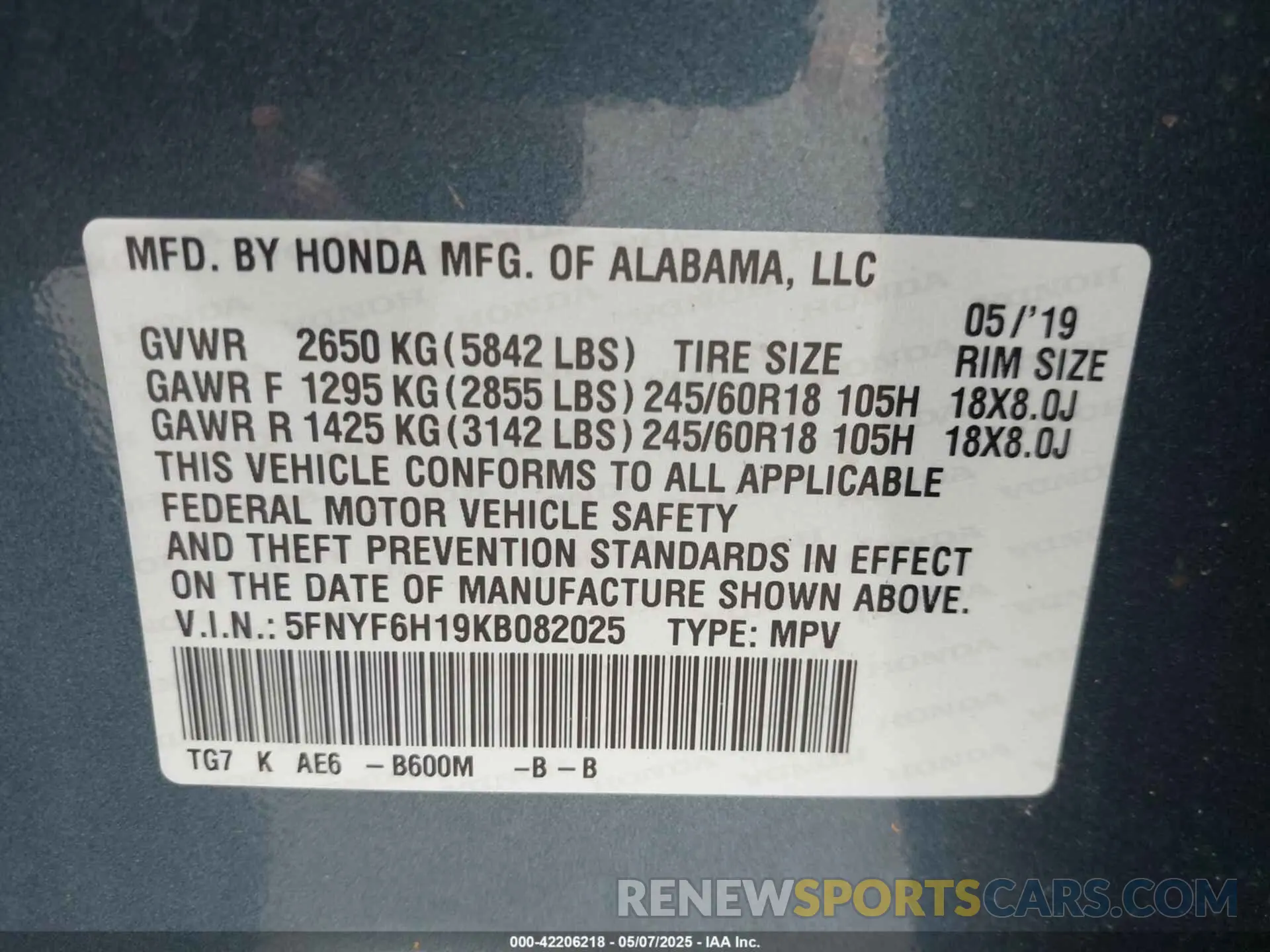 9 Photograph of a damaged car 5FNYF6H19KB082025 HONDA PILOT 2019