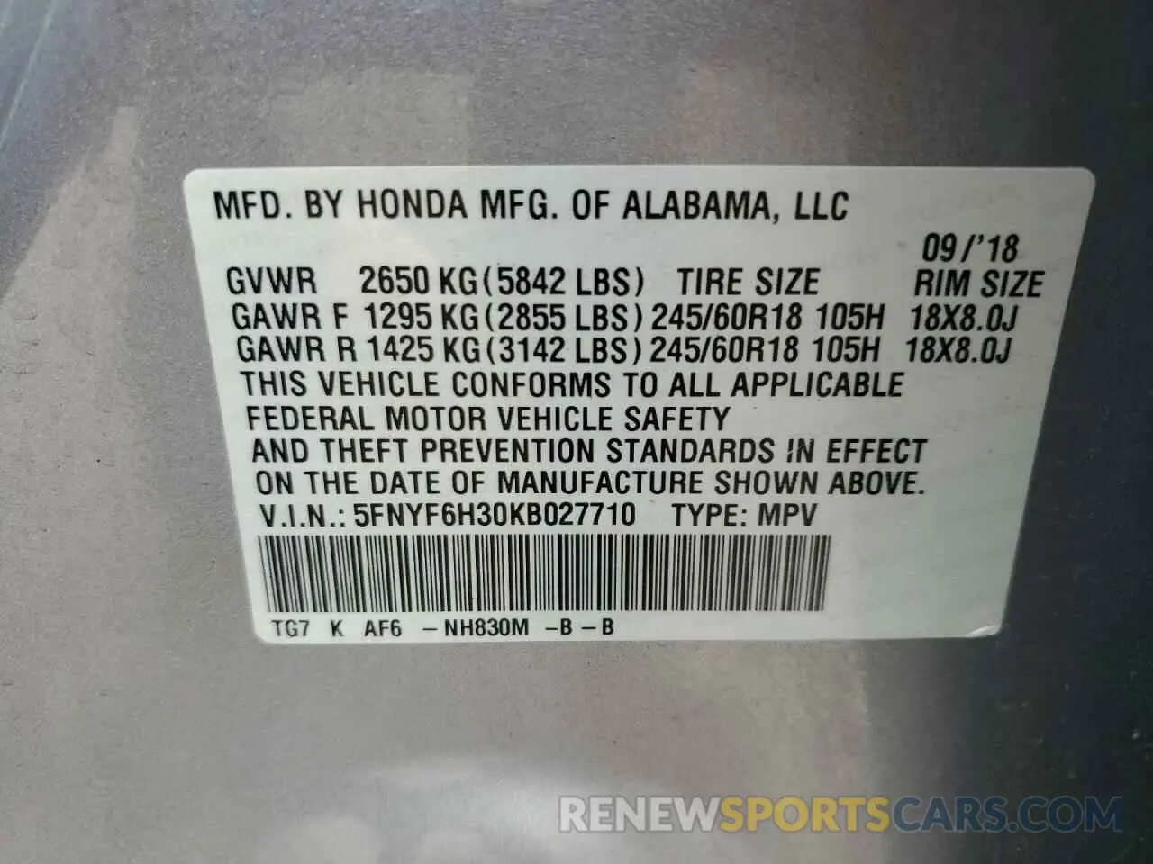 13 Photograph of a damaged car 5FNYF6H30KB027710 HONDA PILOT 2019