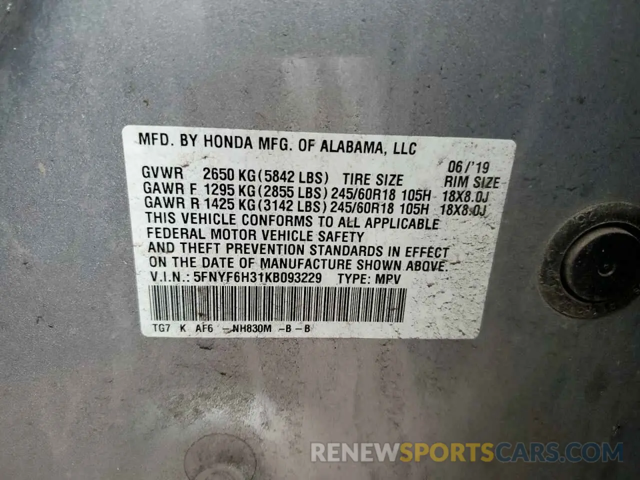 13 Photograph of a damaged car 5FNYF6H31KB093229 HONDA PILOT 2019