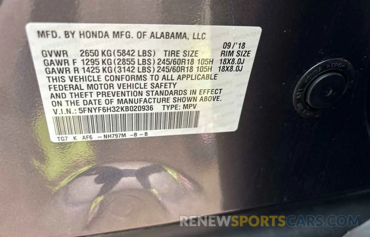 10 Photograph of a damaged car 5FNYF6H32KB020936 HONDA PILOT 2019