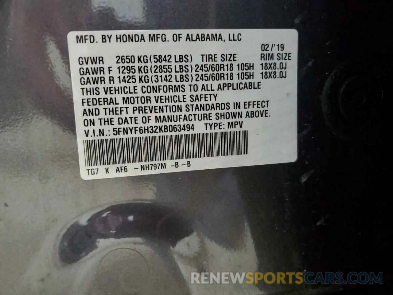 13 Photograph of a damaged car 5FNYF6H32KB063494 HONDA PILOT 2019