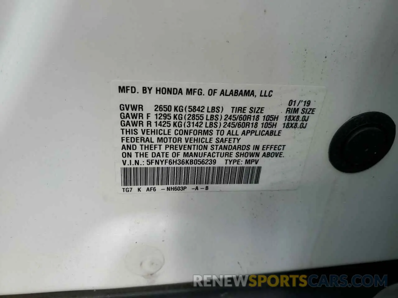 14 Photograph of a damaged car 5FNYF6H36KB056239 HONDA PILOT 2019