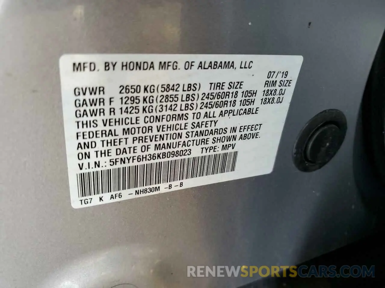 14 Photograph of a damaged car 5FNYF6H36KB098023 HONDA PILOT 2019