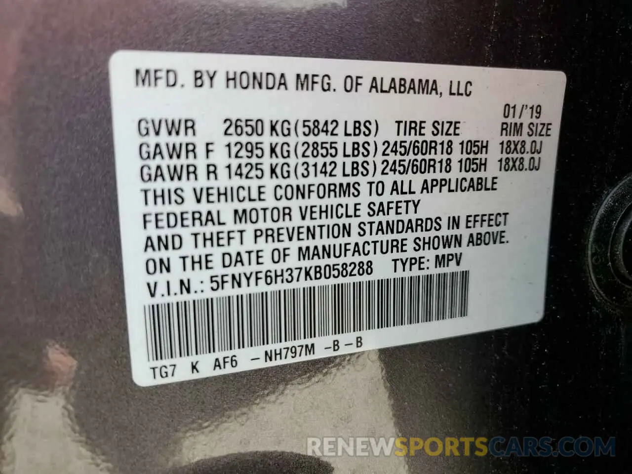 13 Photograph of a damaged car 5FNYF6H37KB058288 HONDA PILOT 2019