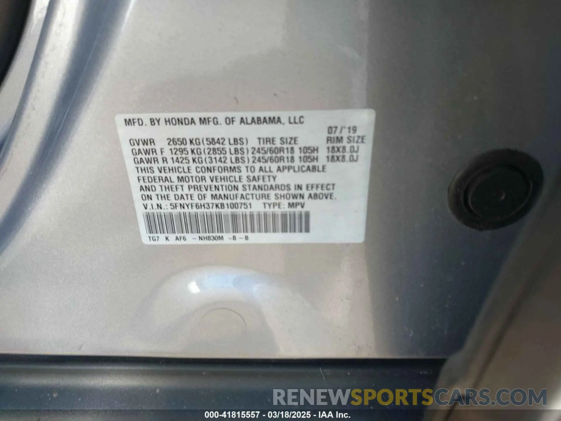 9 Photograph of a damaged car 5FNYF6H37KB100751 HONDA PILOT 2019