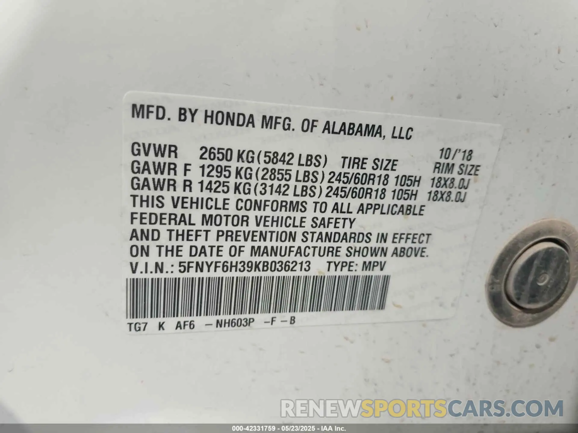 9 Photograph of a damaged car 5FNYF6H39KB036213 HONDA PILOT 2019