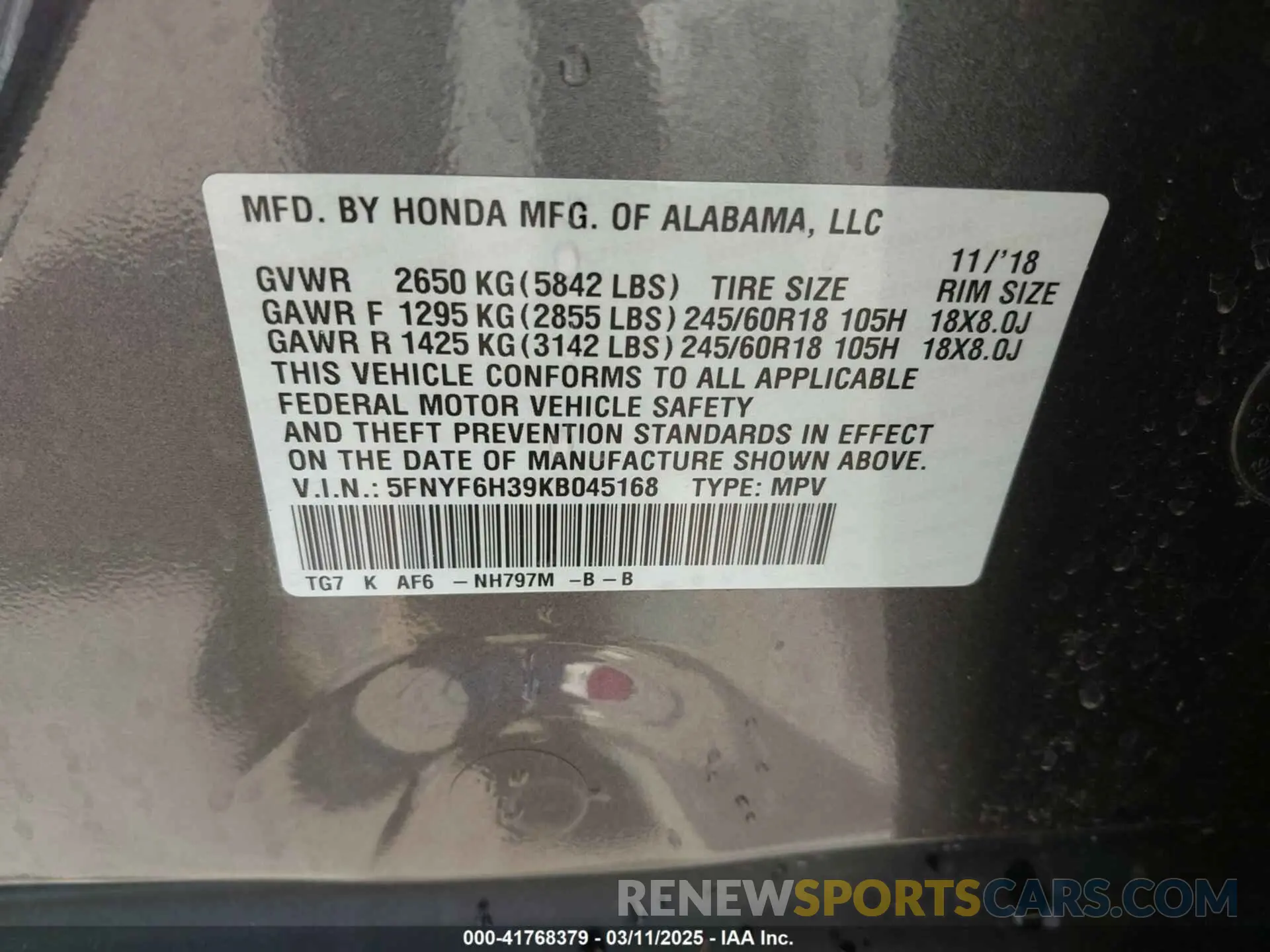 9 Photograph of a damaged car 5FNYF6H39KB045168 HONDA PILOT 2019
