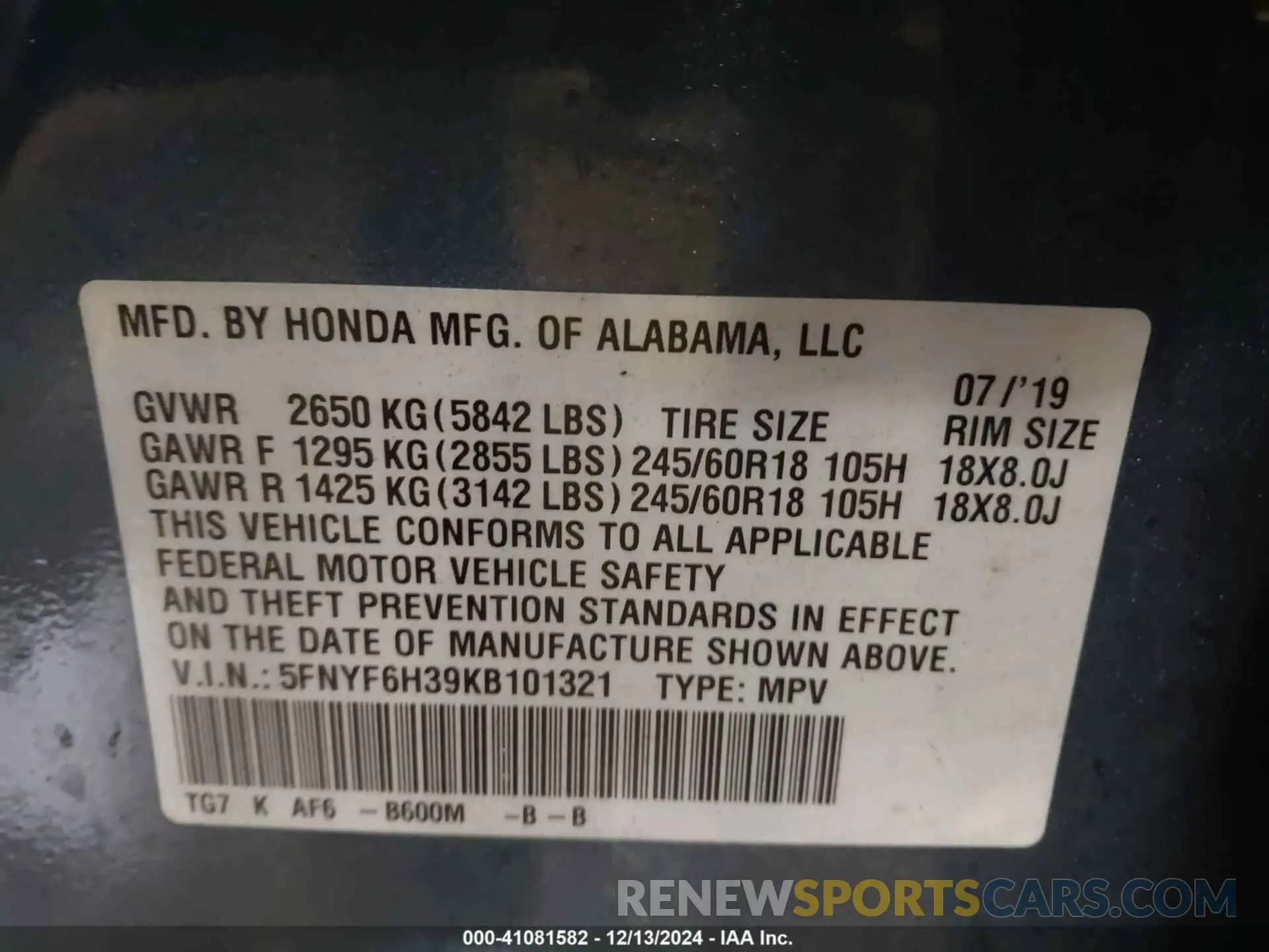 9 Photograph of a damaged car 5FNYF6H39KB101321 HONDA PILOT 2019