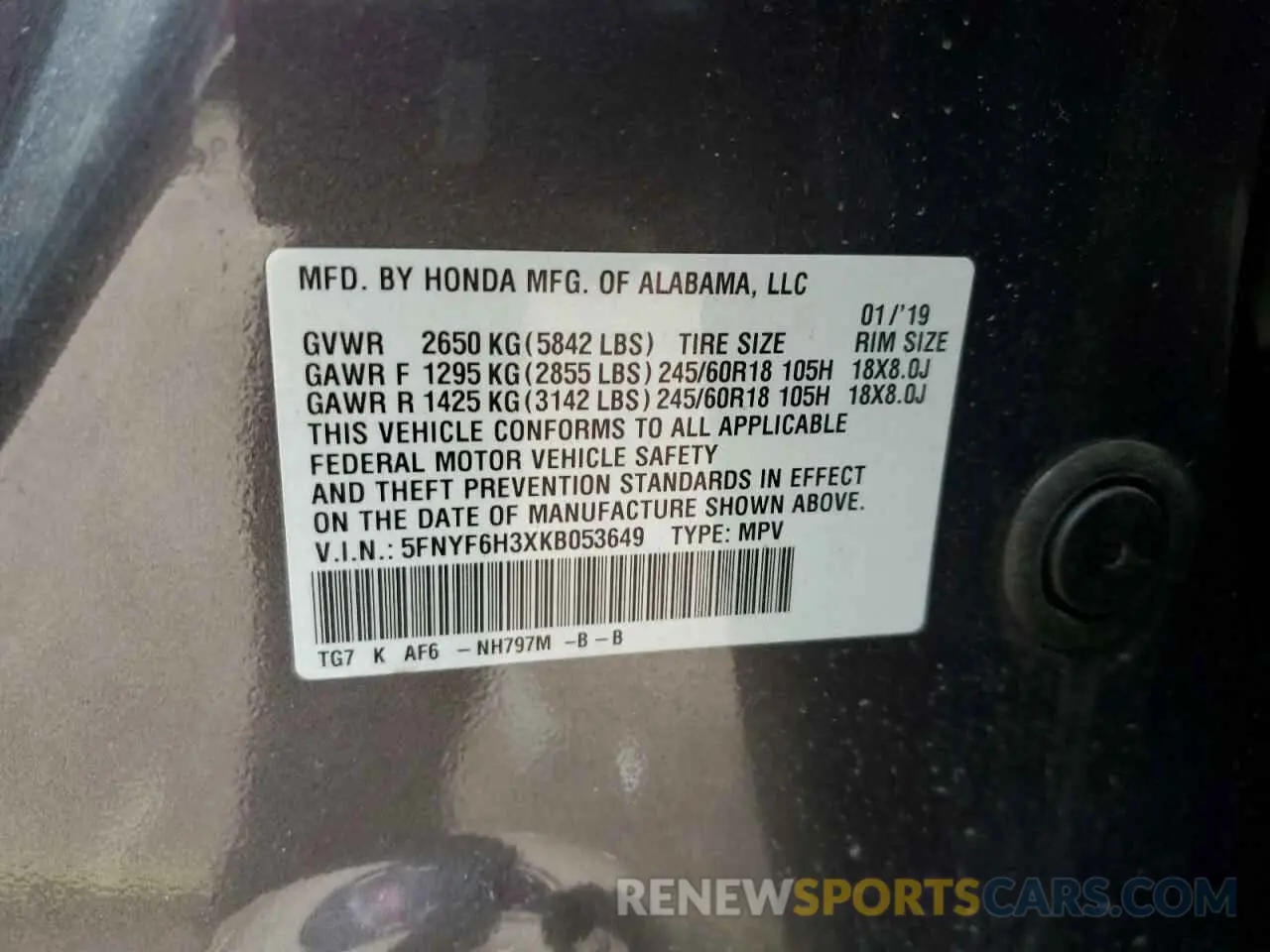 14 Photograph of a damaged car 5FNYF6H3XKB053649 HONDA PILOT 2019