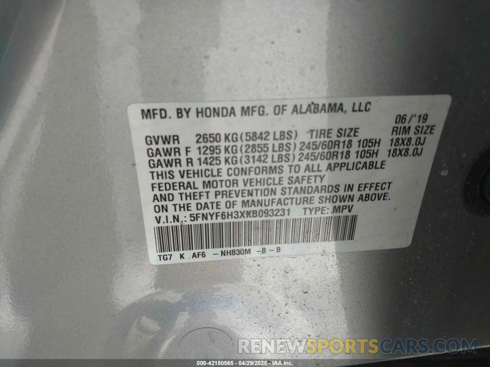 9 Photograph of a damaged car 5FNYF6H3XKB093231 HONDA PILOT 2019