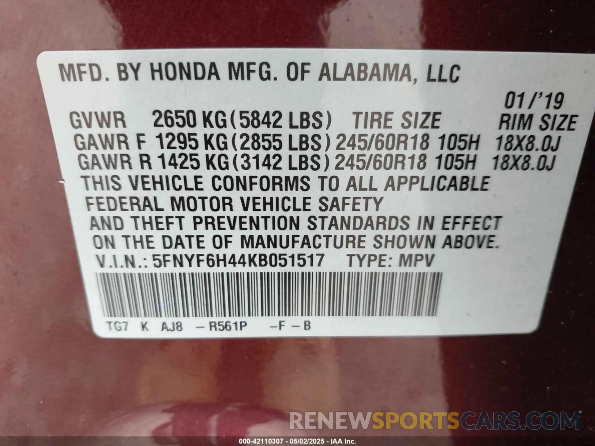 9 Photograph of a damaged car 5FNYF6H44KB051517 HONDA PILOT 2019