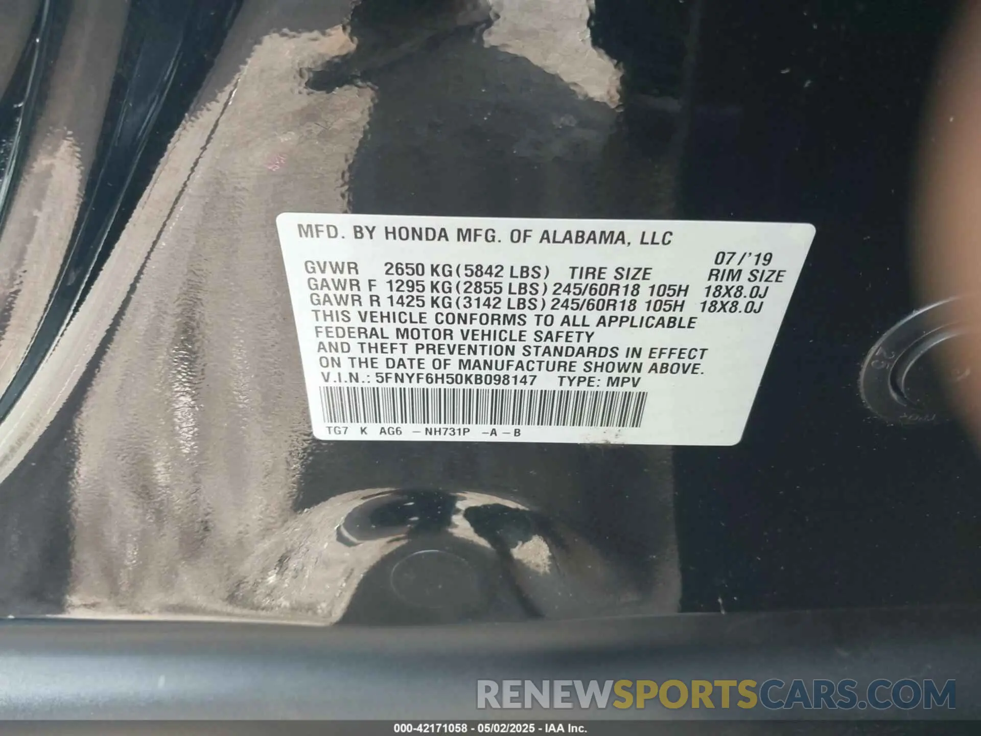9 Photograph of a damaged car 5FNYF6H50KB098147 HONDA PILOT 2019