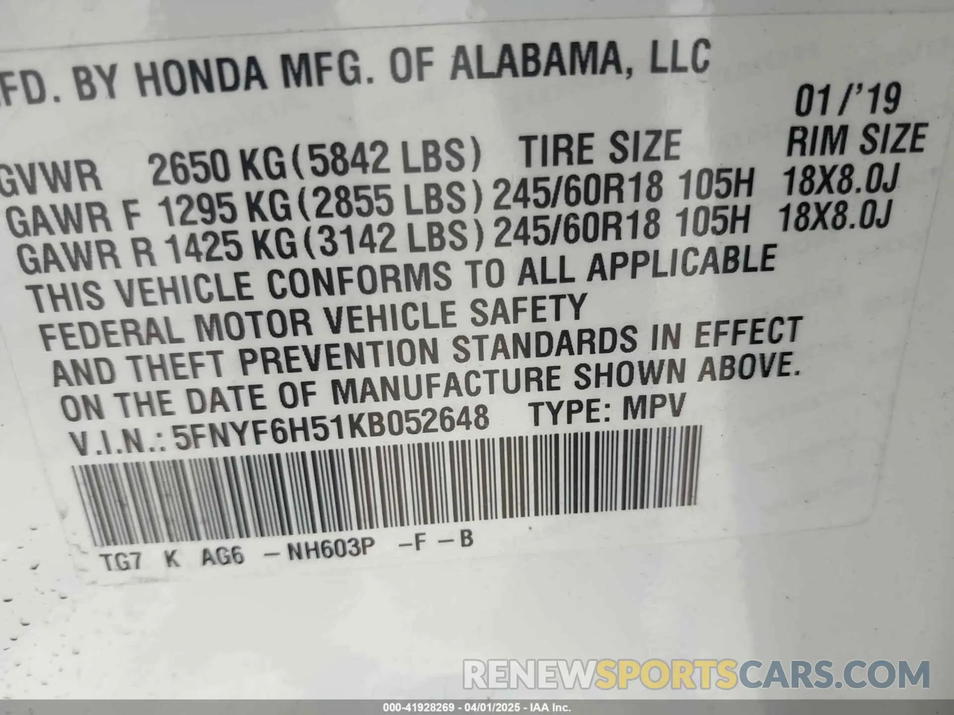 9 Photograph of a damaged car 5FNYF6H51KB052648 HONDA PILOT 2019