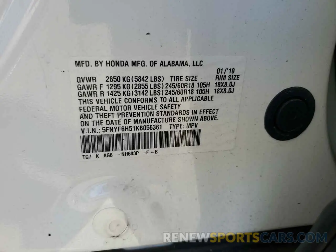 13 Photograph of a damaged car 5FNYF6H51KB056361 HONDA PILOT 2019