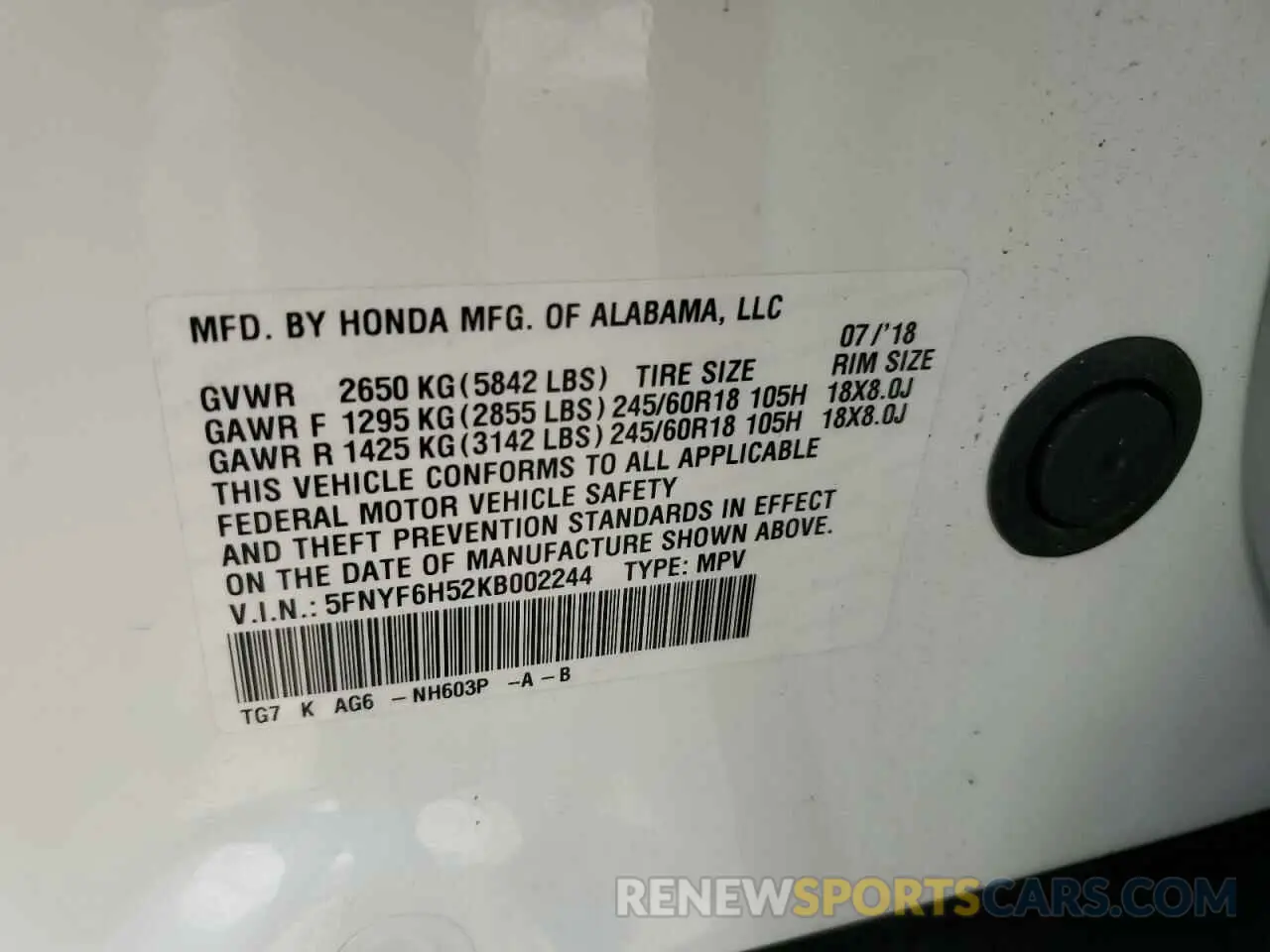 15 Photograph of a damaged car 5FNYF6H52KB002244 HONDA PILOT 2019