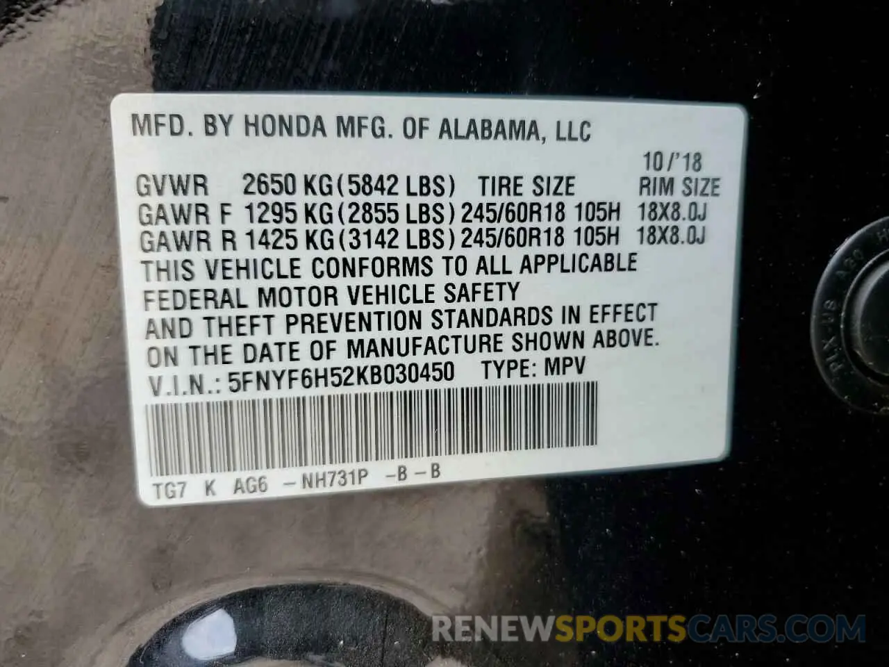 13 Photograph of a damaged car 5FNYF6H52KB030450 HONDA PILOT 2019