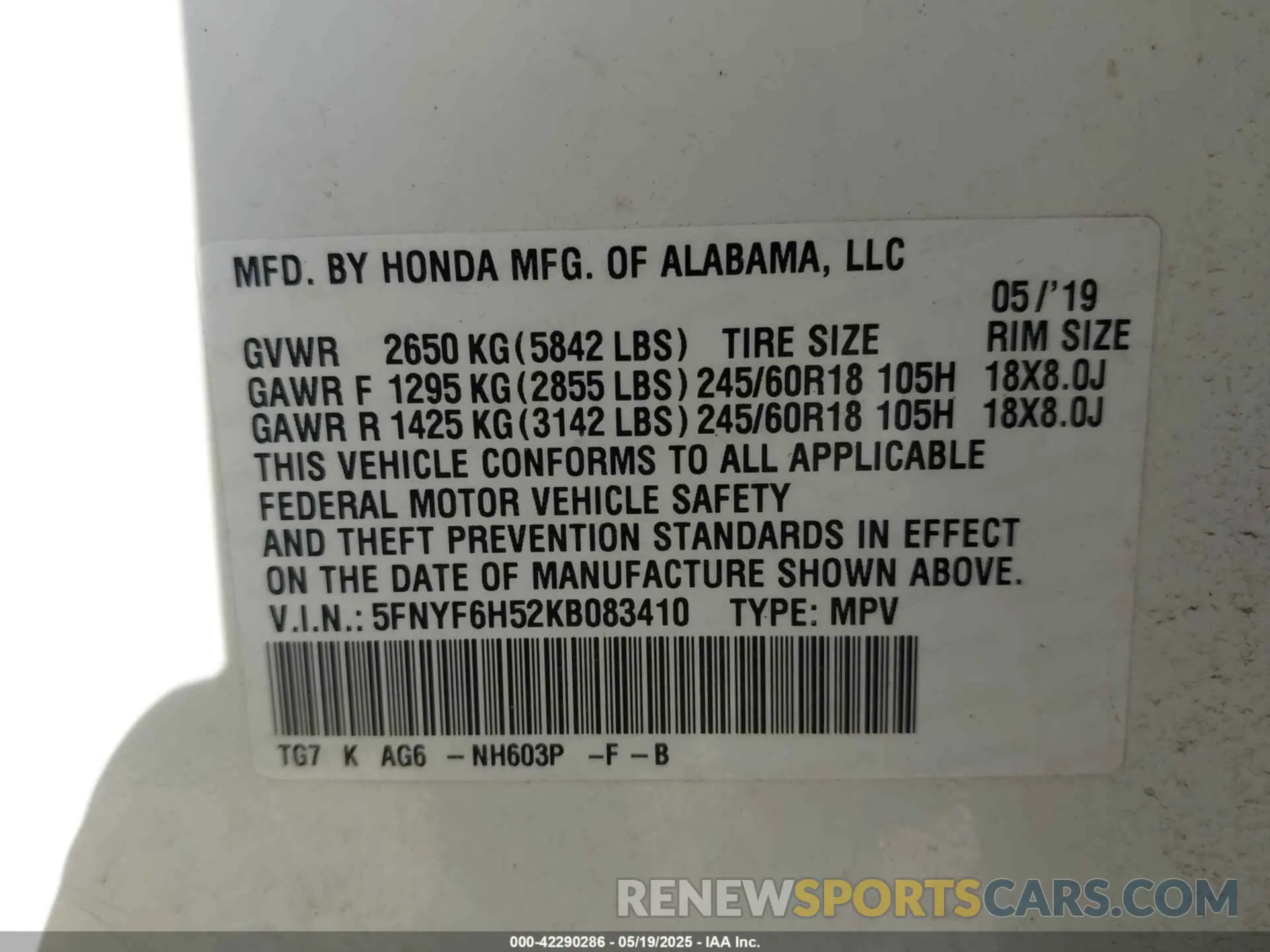 9 Photograph of a damaged car 5FNYF6H52KB083410 HONDA PILOT 2019