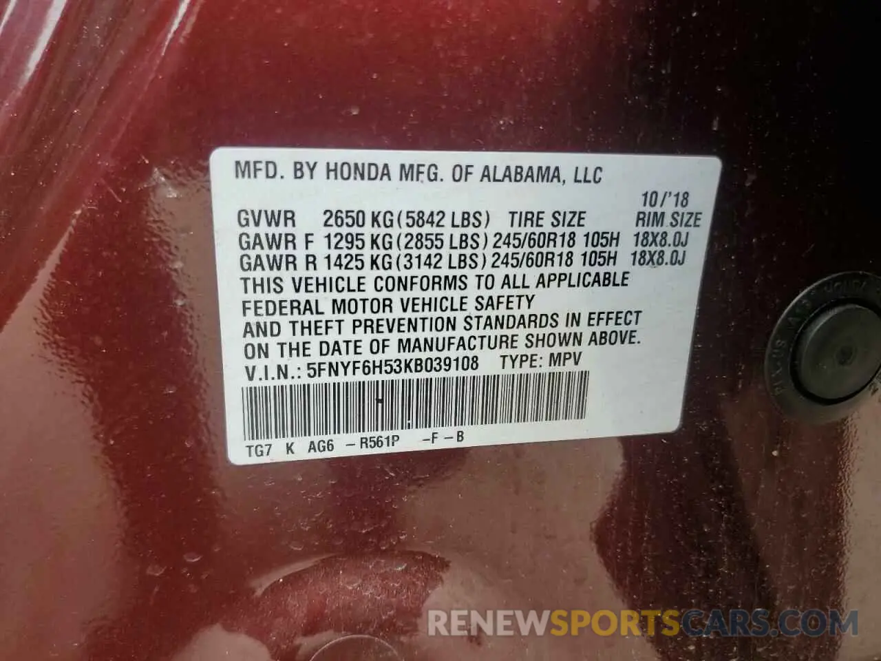 16 Photograph of a damaged car 5FNYF6H53KB039108 HONDA PILOT 2019