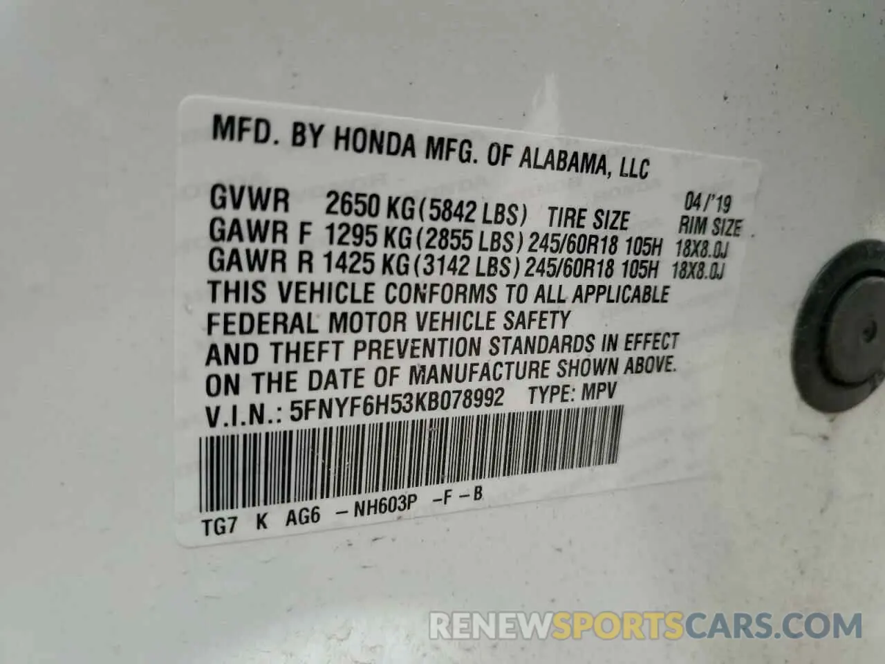 15 Photograph of a damaged car 5FNYF6H53KB078992 HONDA PILOT 2019