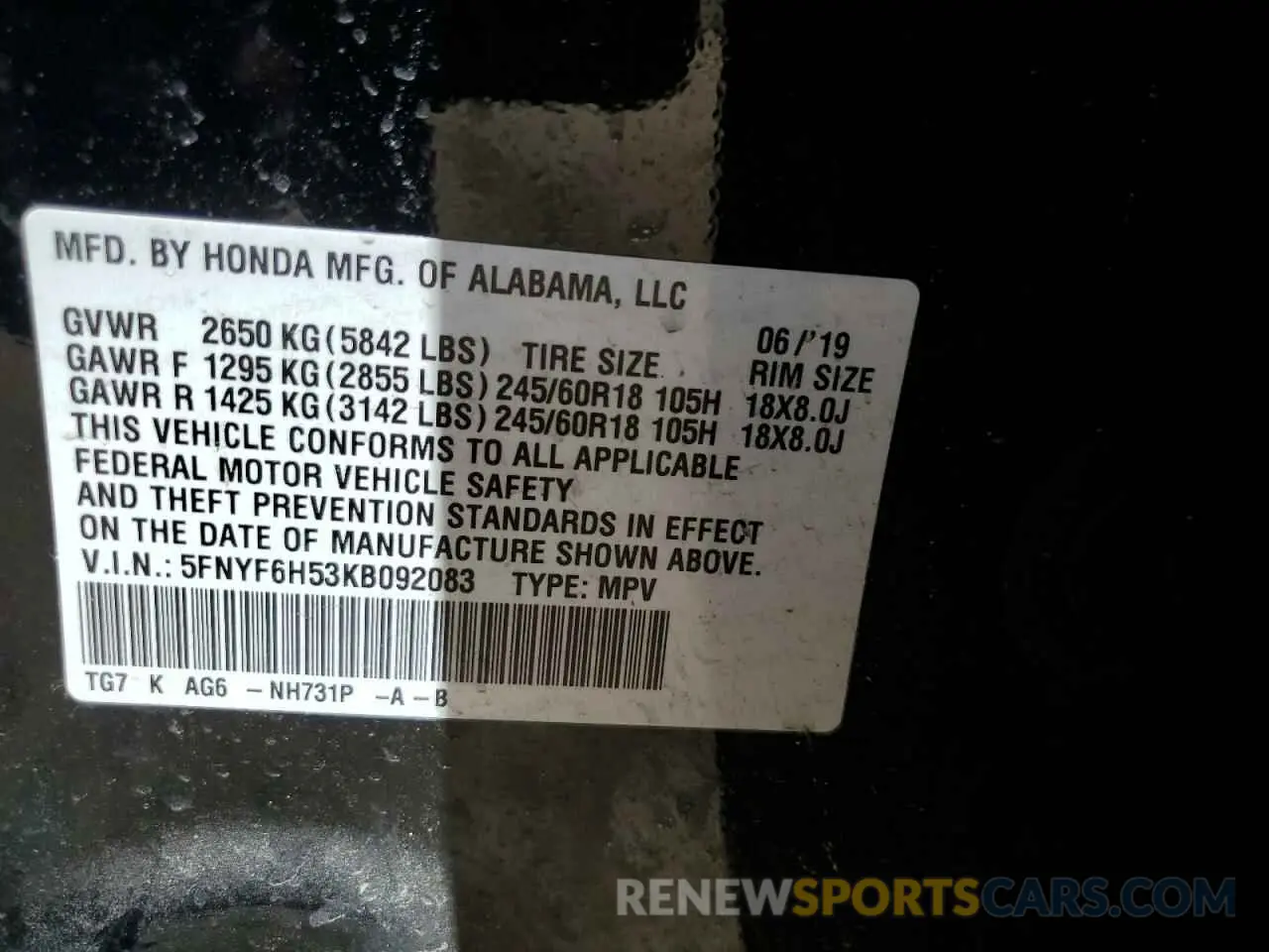 13 Photograph of a damaged car 5FNYF6H53KB092083 HONDA PILOT 2019