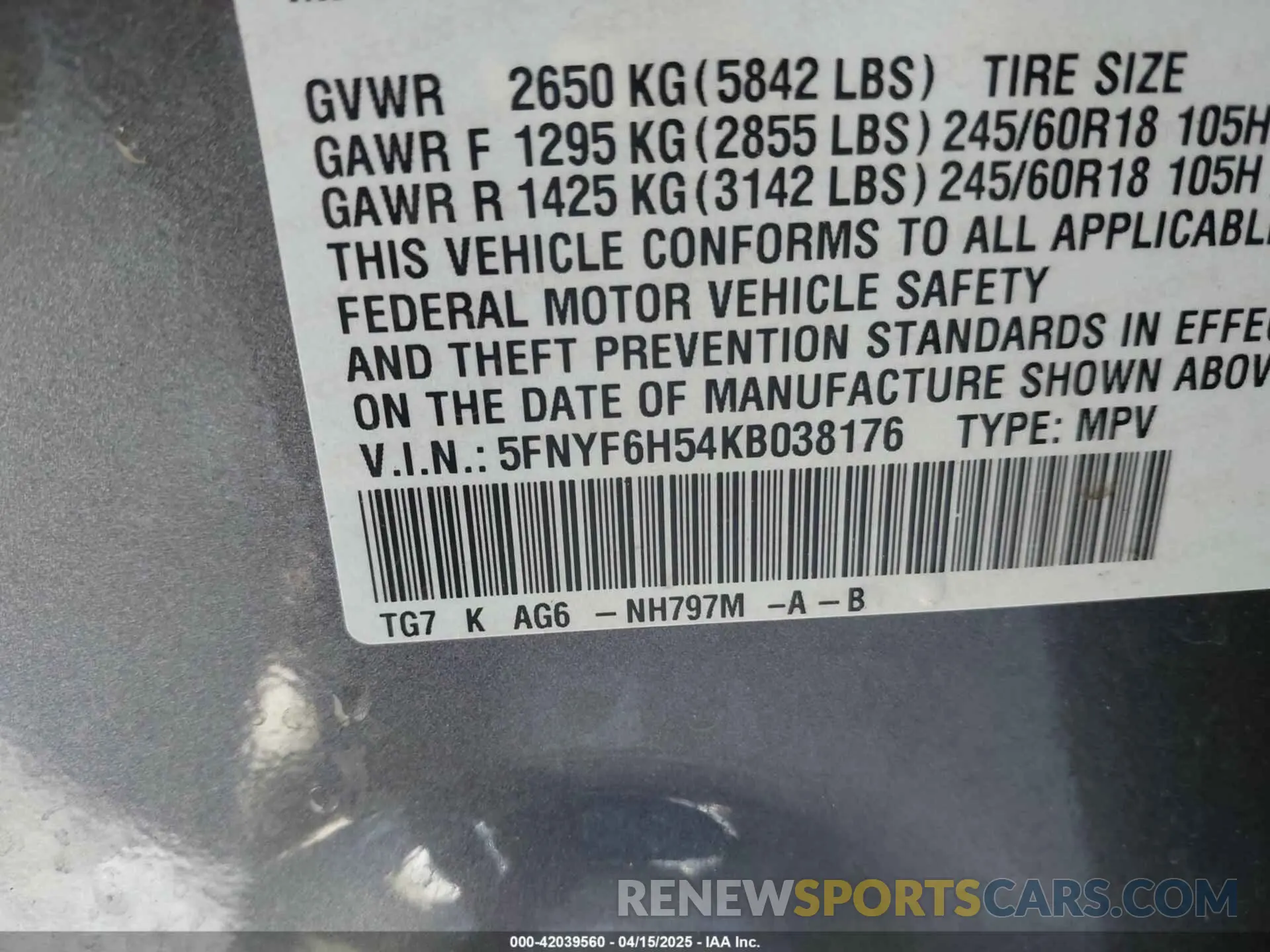 9 Photograph of a damaged car 5FNYF6H54KB038176 HONDA PILOT 2019