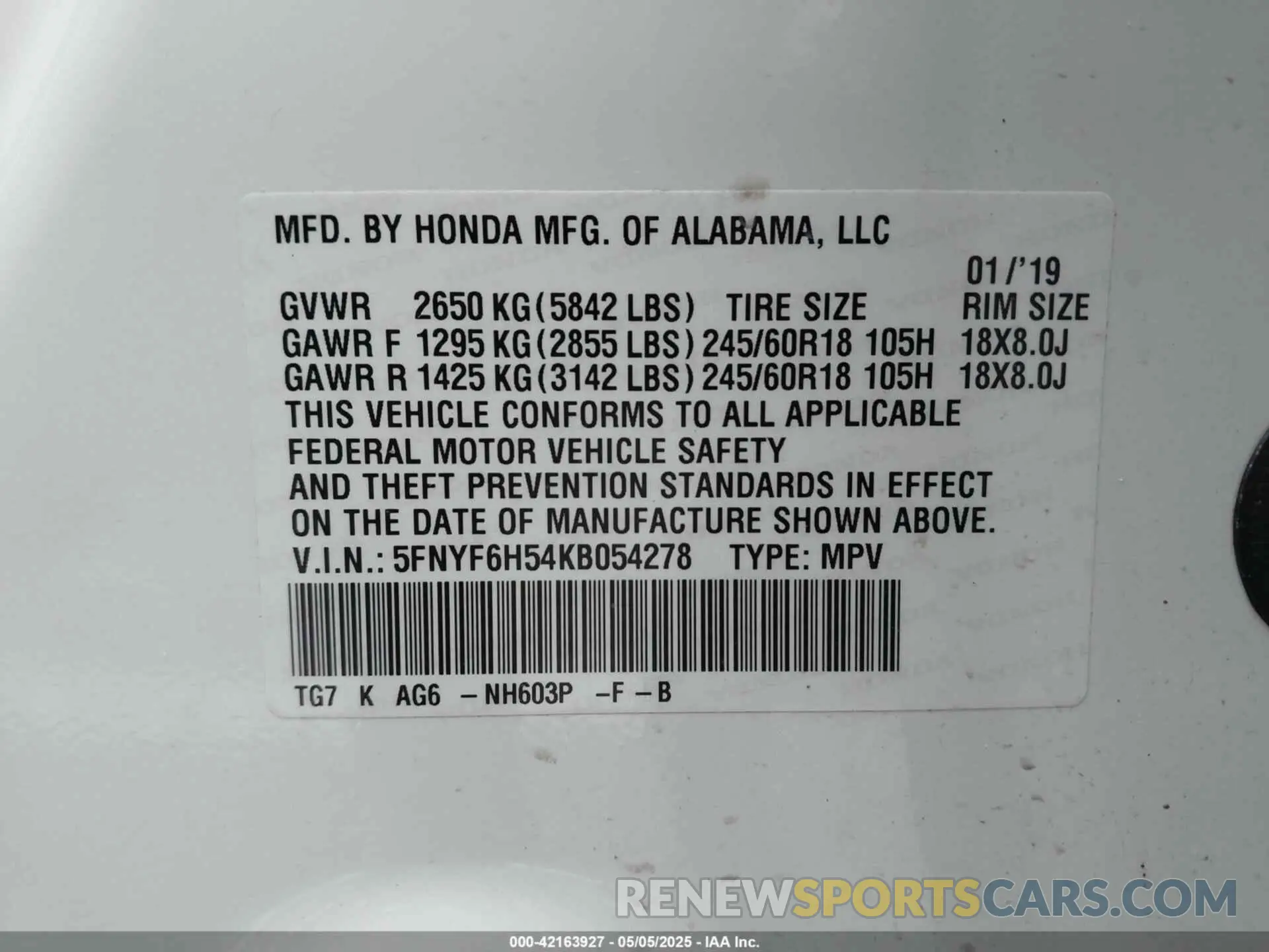 9 Photograph of a damaged car 5FNYF6H54KB054278 HONDA PILOT 2019