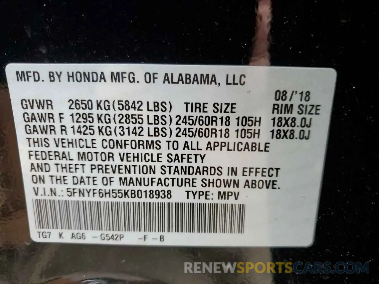 14 Photograph of a damaged car 5FNYF6H55KB018938 HONDA PILOT 2019