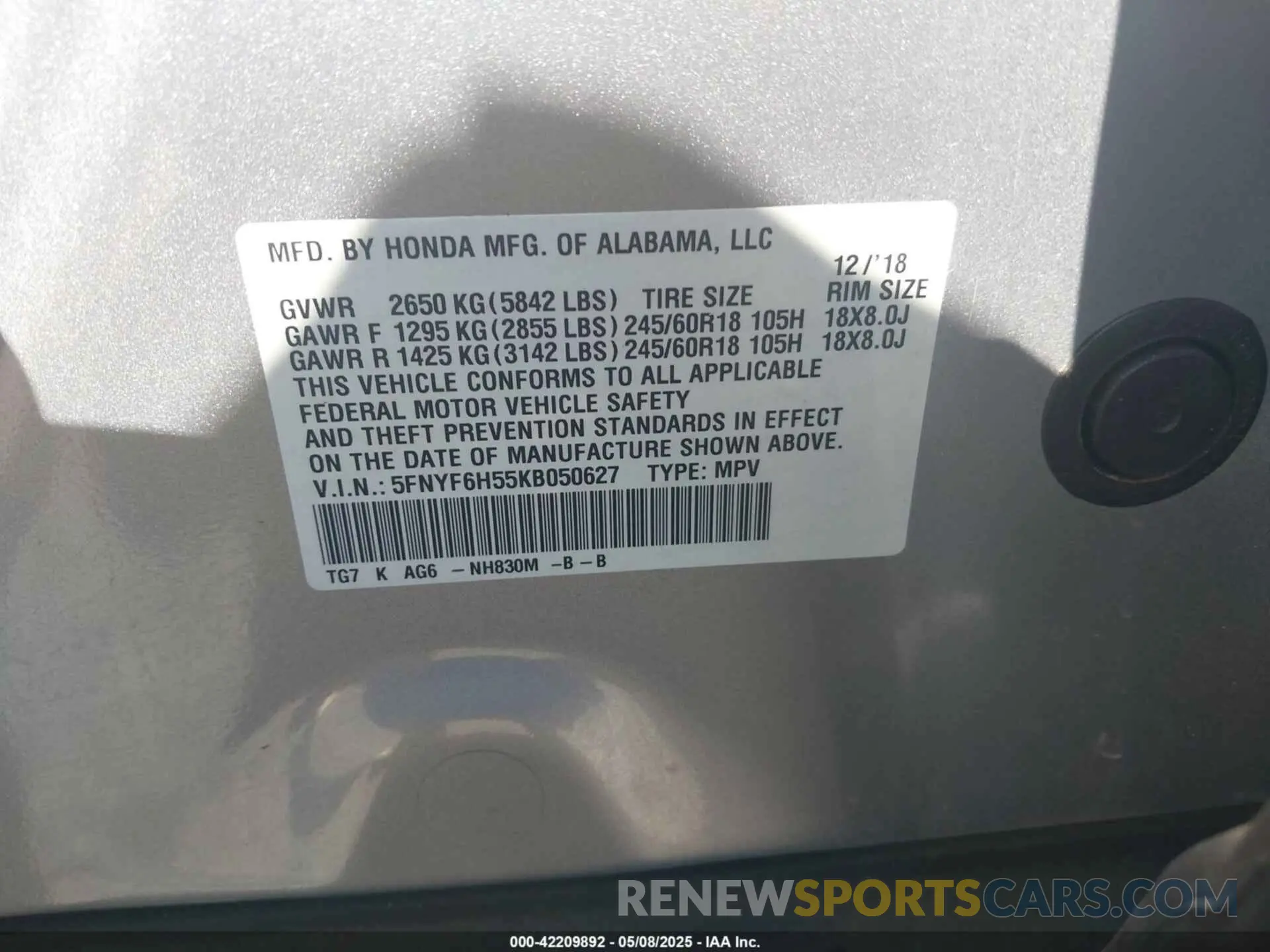 9 Photograph of a damaged car 5FNYF6H55KB050627 HONDA PILOT 2019