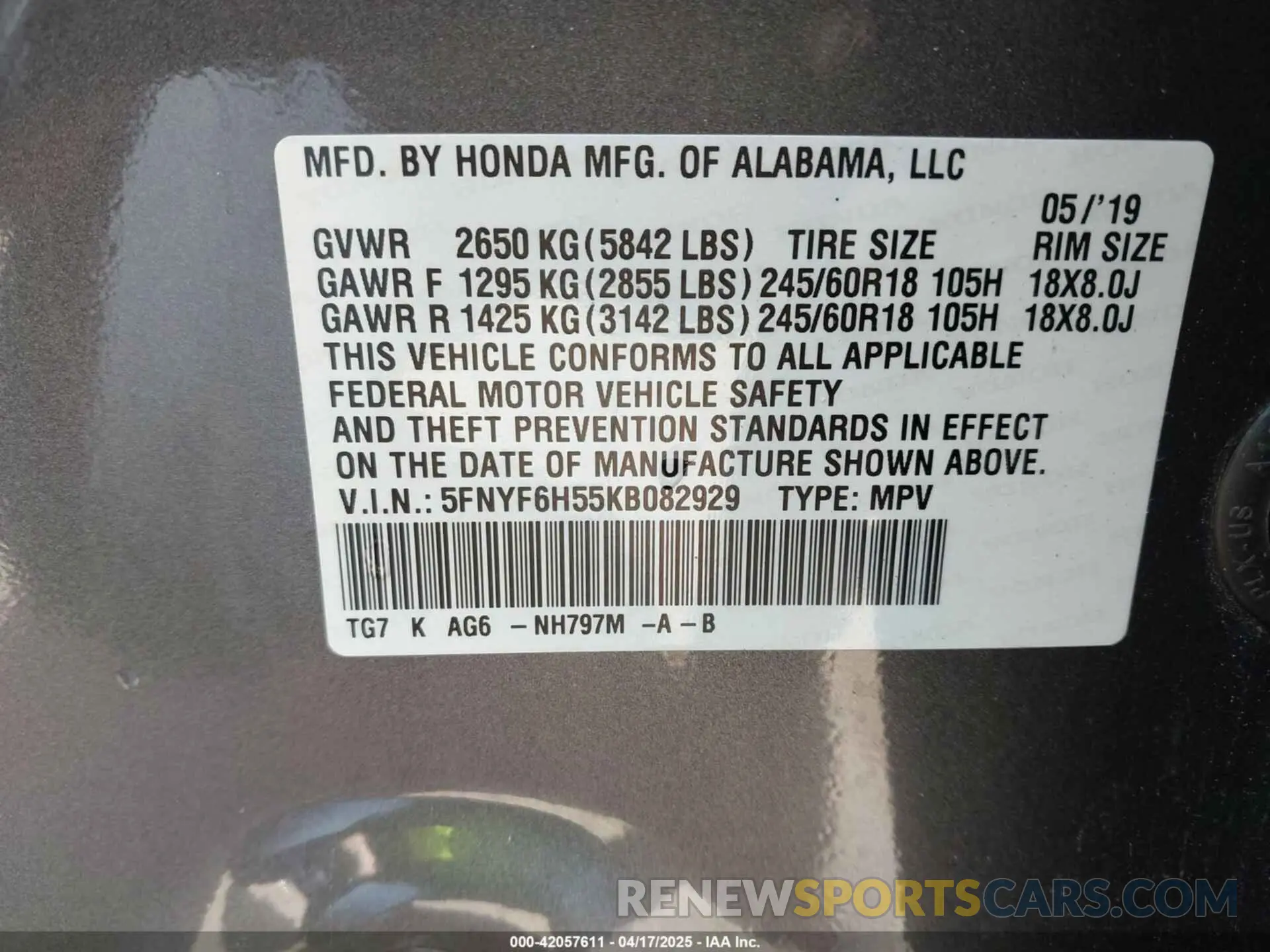 9 Photograph of a damaged car 5FNYF6H55KB082929 HONDA PILOT 2019