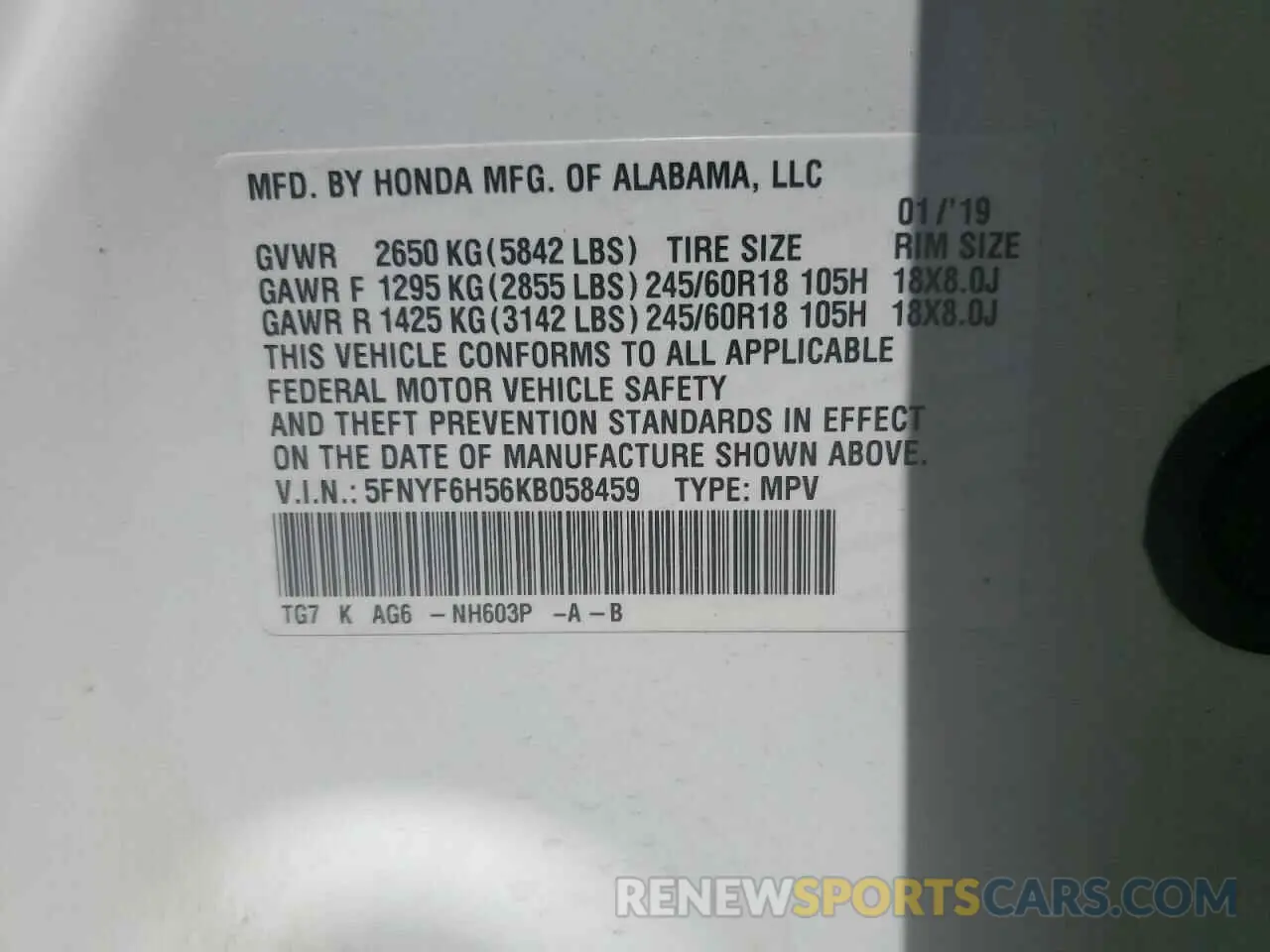 13 Photograph of a damaged car 5FNYF6H56KB058459 HONDA PILOT 2019