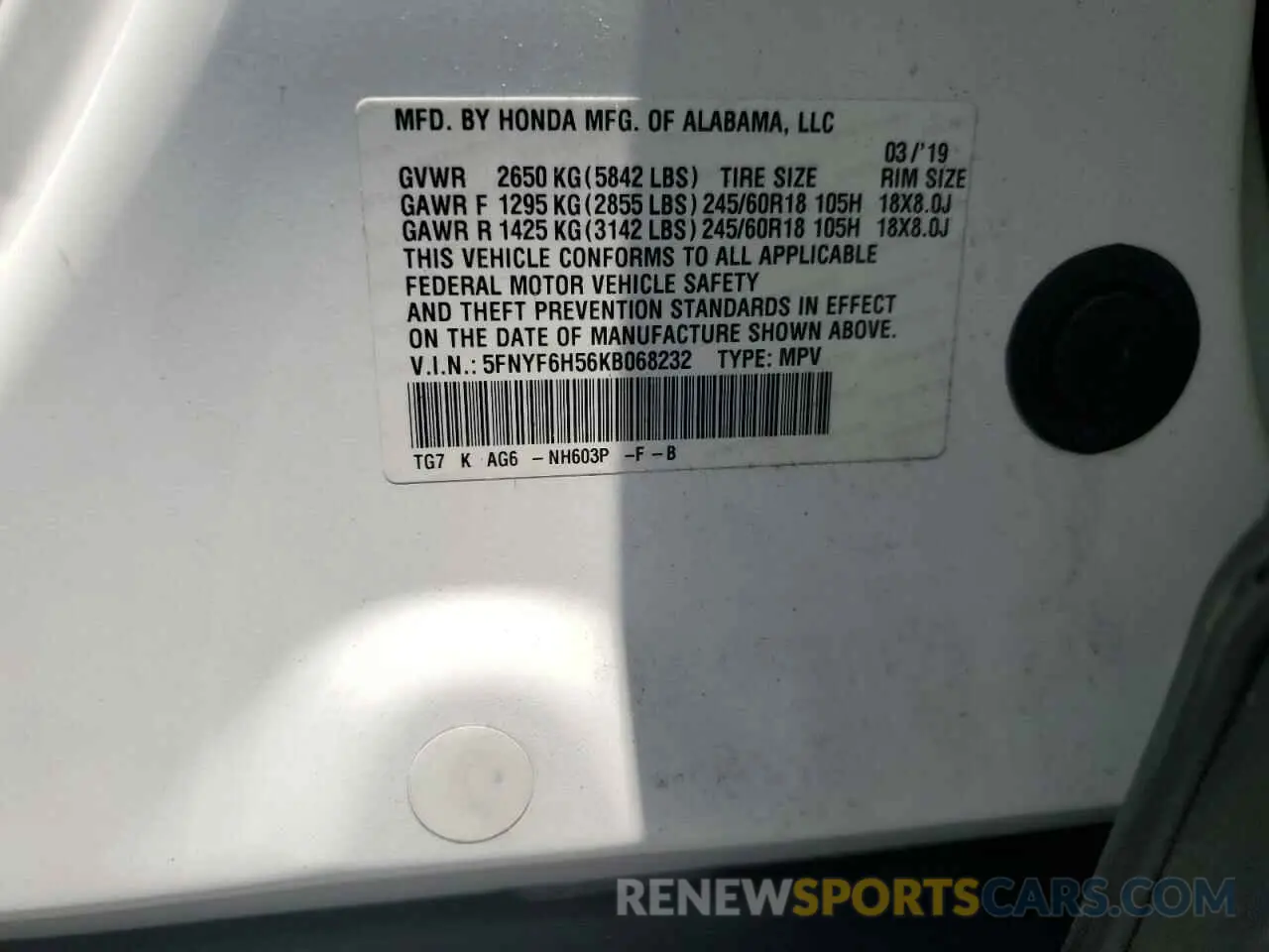 14 Photograph of a damaged car 5FNYF6H56KB068232 HONDA PILOT 2019