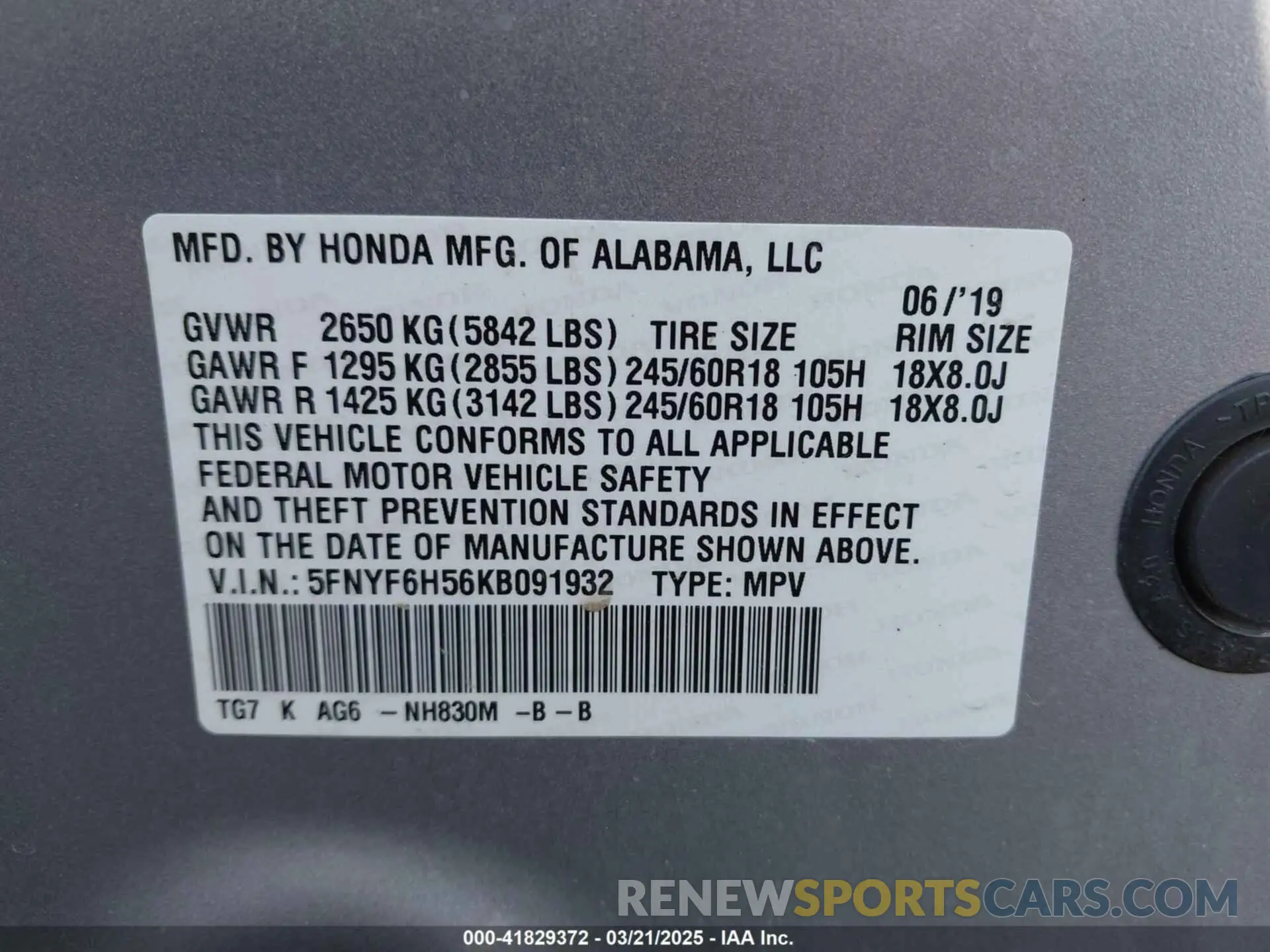 9 Photograph of a damaged car 5FNYF6H56KB091932 HONDA PILOT 2019