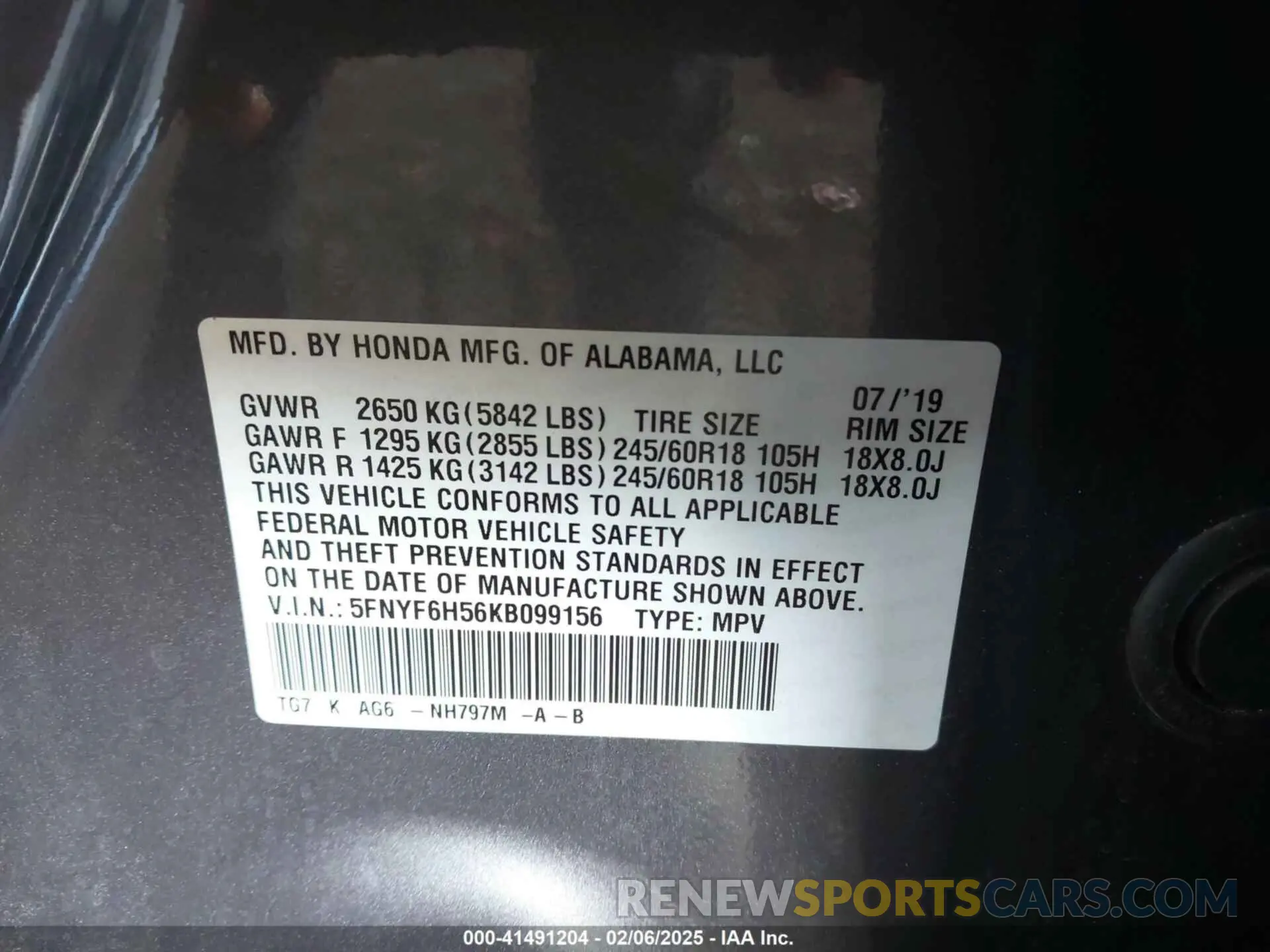 9 Photograph of a damaged car 5FNYF6H56KB099156 HONDA PILOT 2019